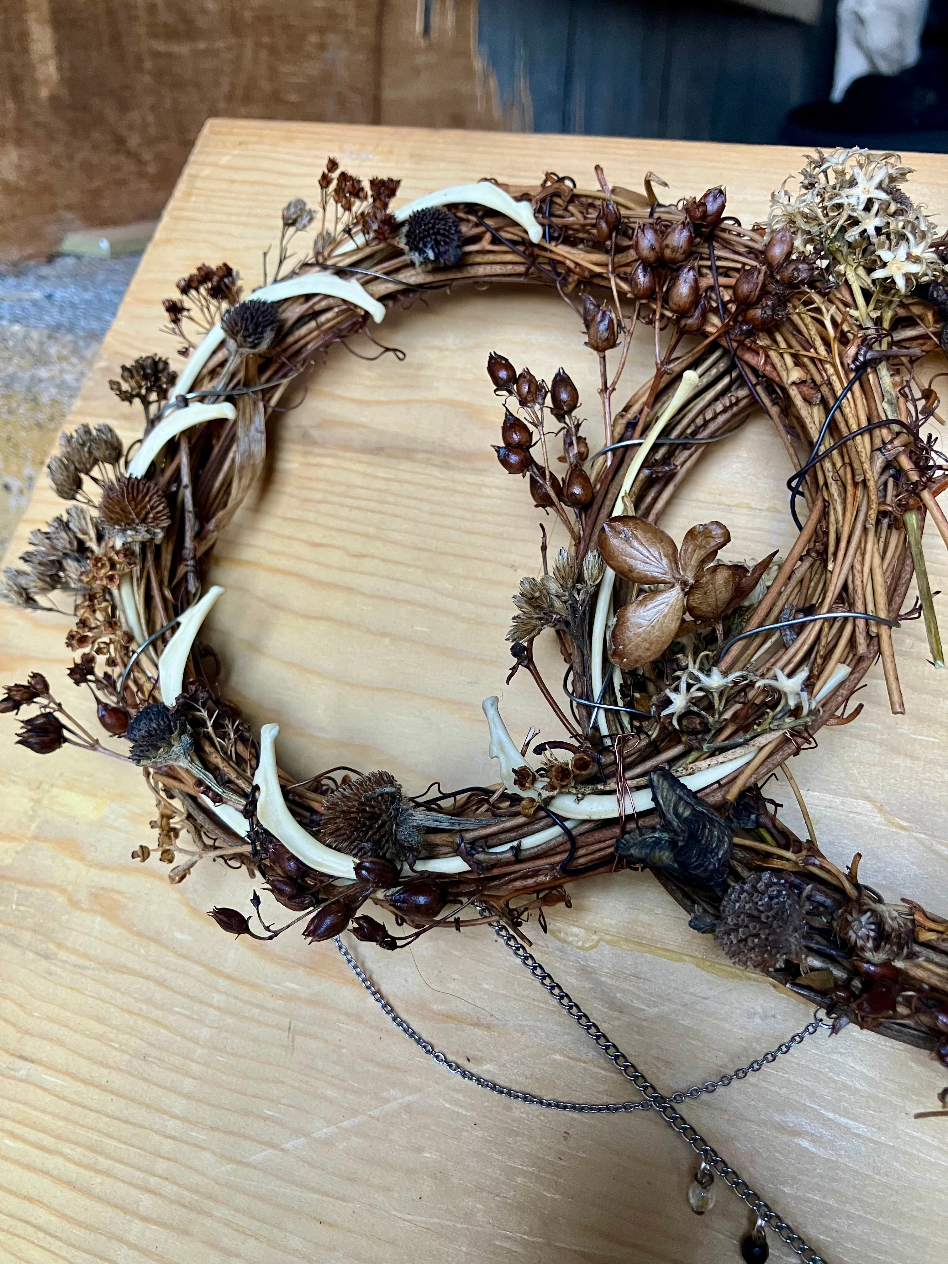 Groundhog Rib Bone Triple Goddess Floral Wreath- Clear Quartz & Black Tourmaline- Amplify Intentions- Altar Decor