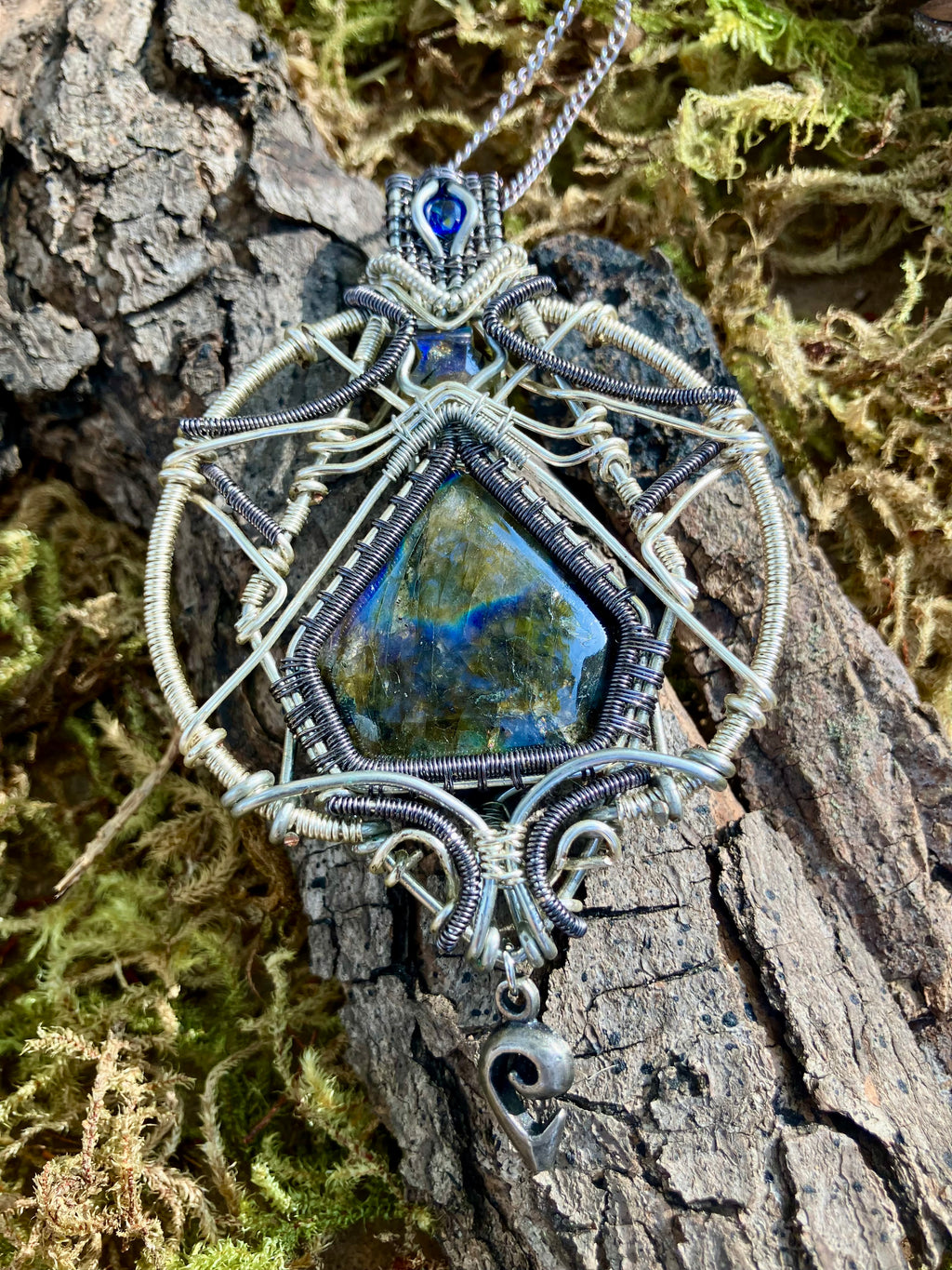 Labradorite and Faceted Blue Quartz Wire Wrapped Amulet, Statement Pendant in Two-tone Copper