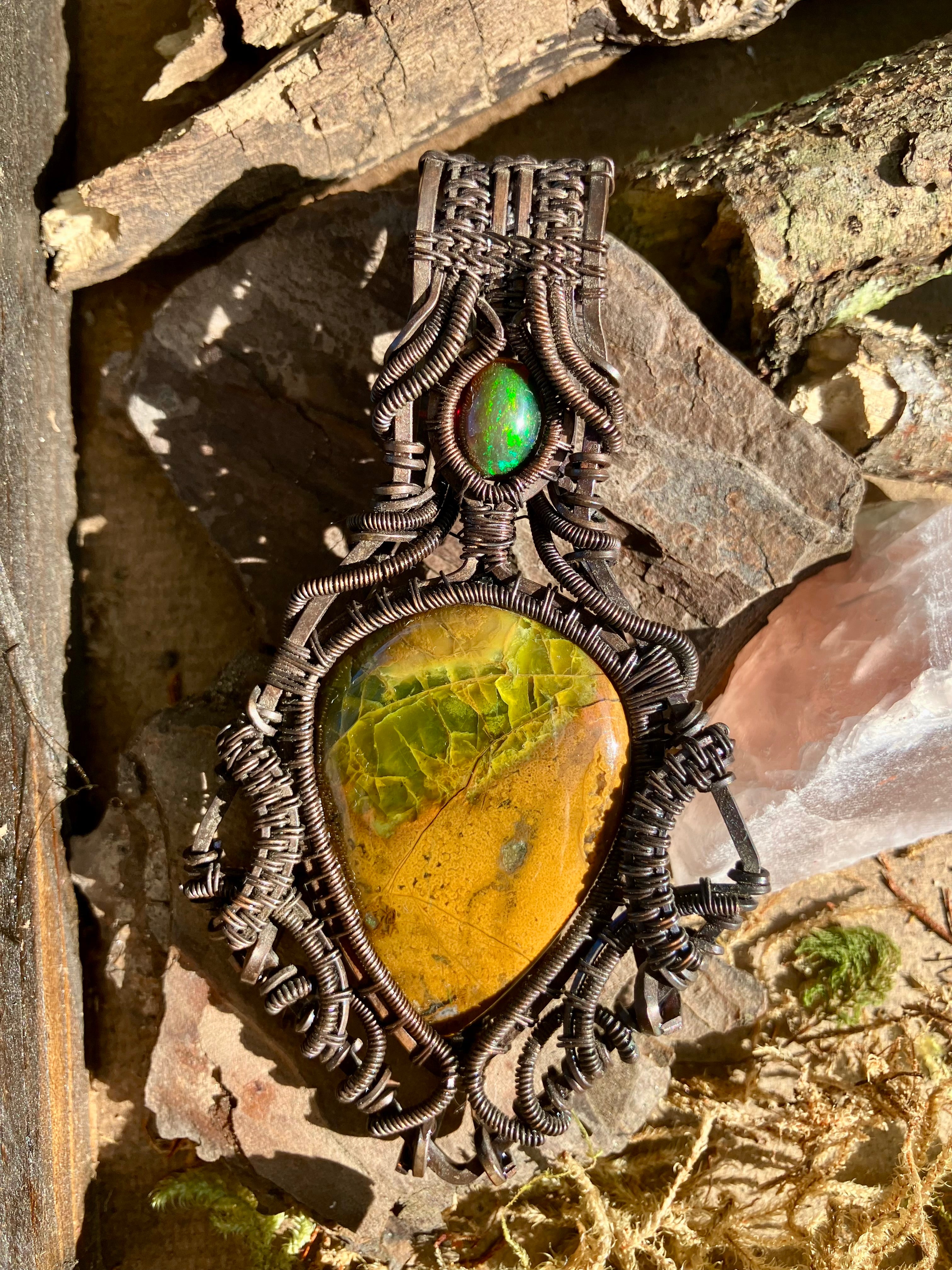 Black & Green Opal Crystal Wire Wrapped Amulet Pendant in Tarnished Copper