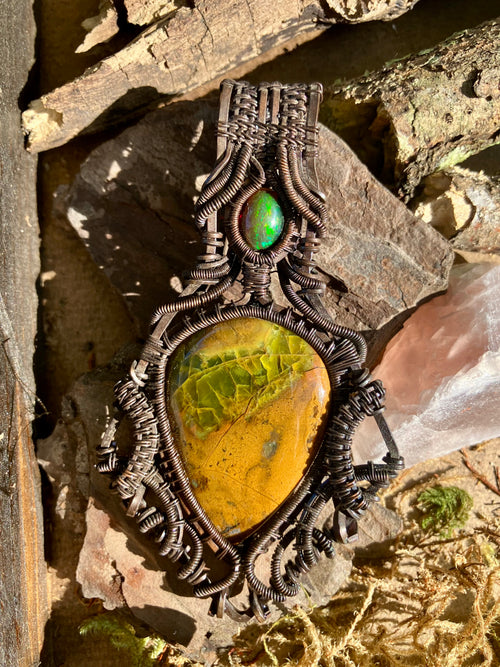 Black & Green Opal Crystal Wire Wrapped Amulet Pendant in Tarnished Copper