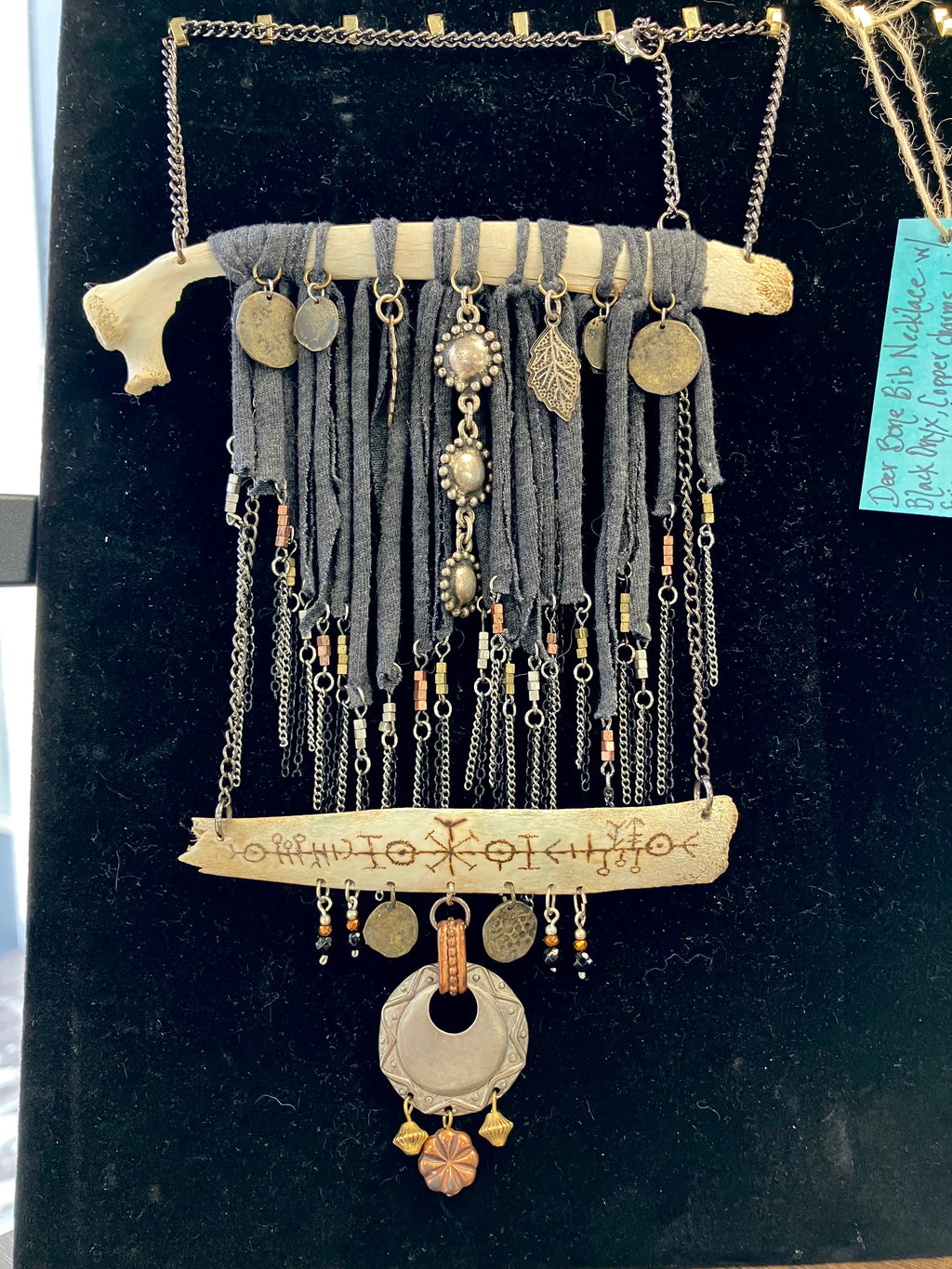 Wood Burned Deer Bone Charm Fringe Bib Necklace with Black Onyx & Copper Beads- Sigil for Protection and Vitality