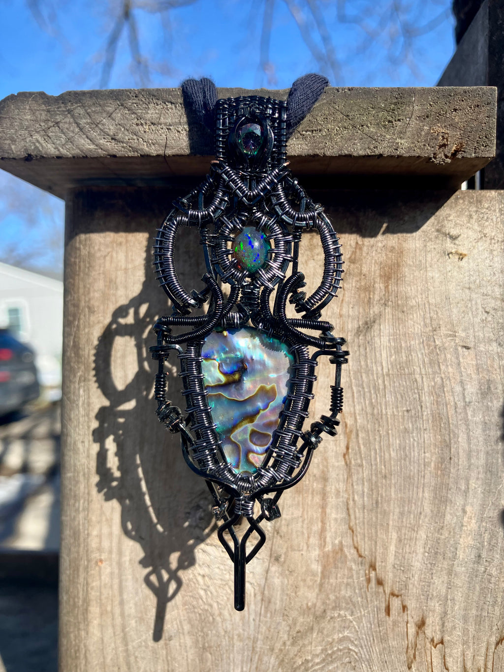 Abalone, Black Opal & Mystic Topaz Wire Wrapped Amulet in Black and Grey Copper
