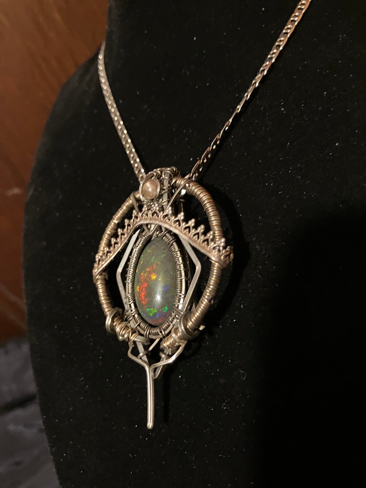 10 carat Black Opal & Pink Tourmaline Wire Wrapped Amulet in 925 Sterling Silver