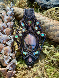 Butterfly Jasper, Black Opal Trillion, Peach Moostone & White Opal Wire Wrapped Amulet Statement Pendant in Tarnished Copper
