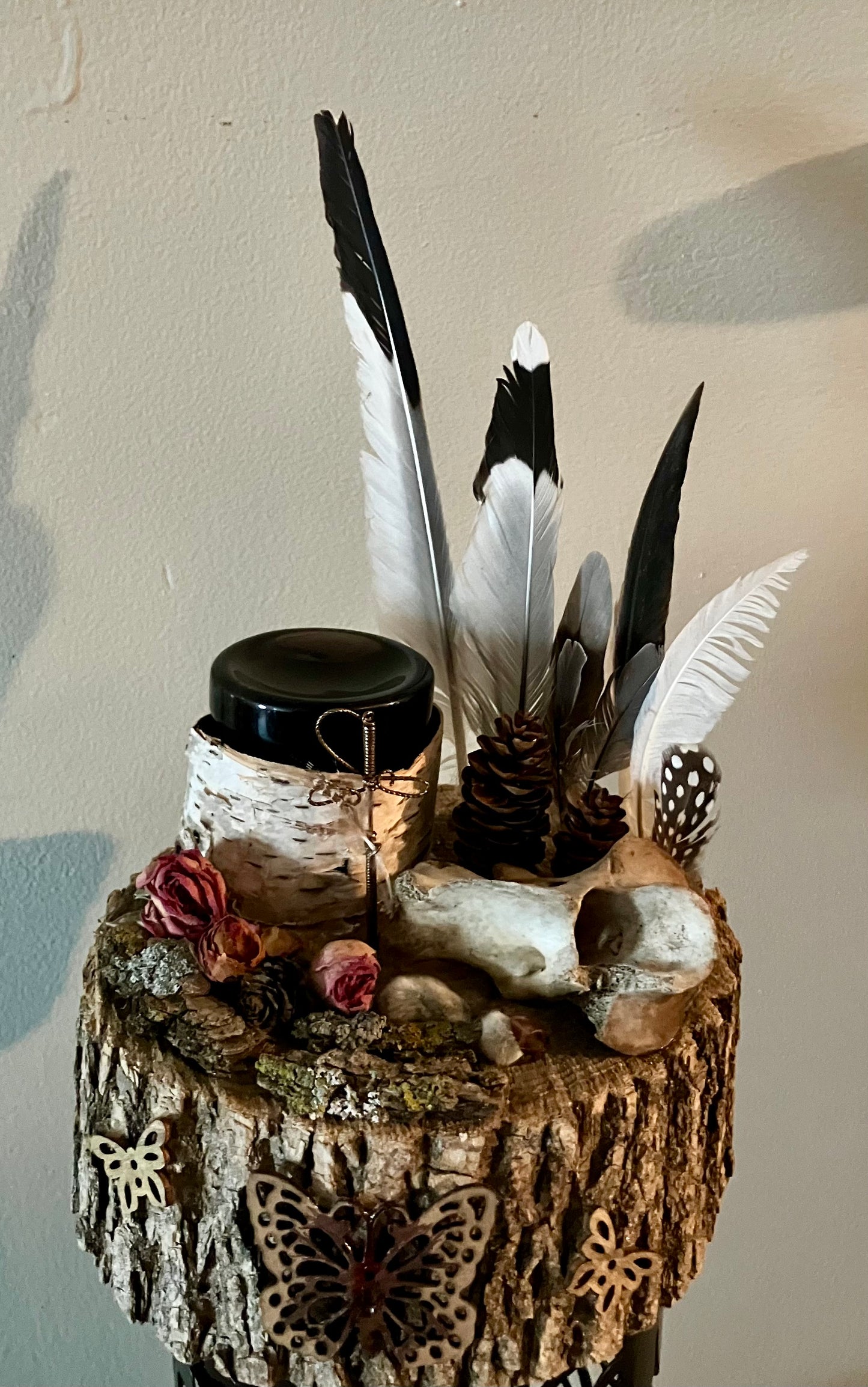 White Oak Butterfly & Sword Offering Altar w/ Deer Vertebrae, Rosebuds, Birch and Obsidian Bowl- Animal Magick- Release Spiritual Blockages-