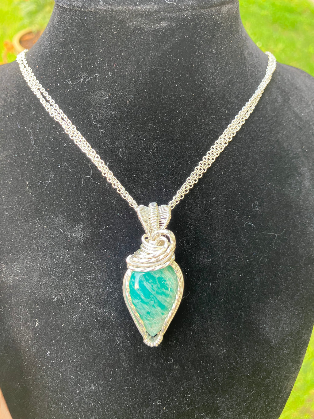 Amazonite Wire Wrapped Pendant in Silver Tone Copper