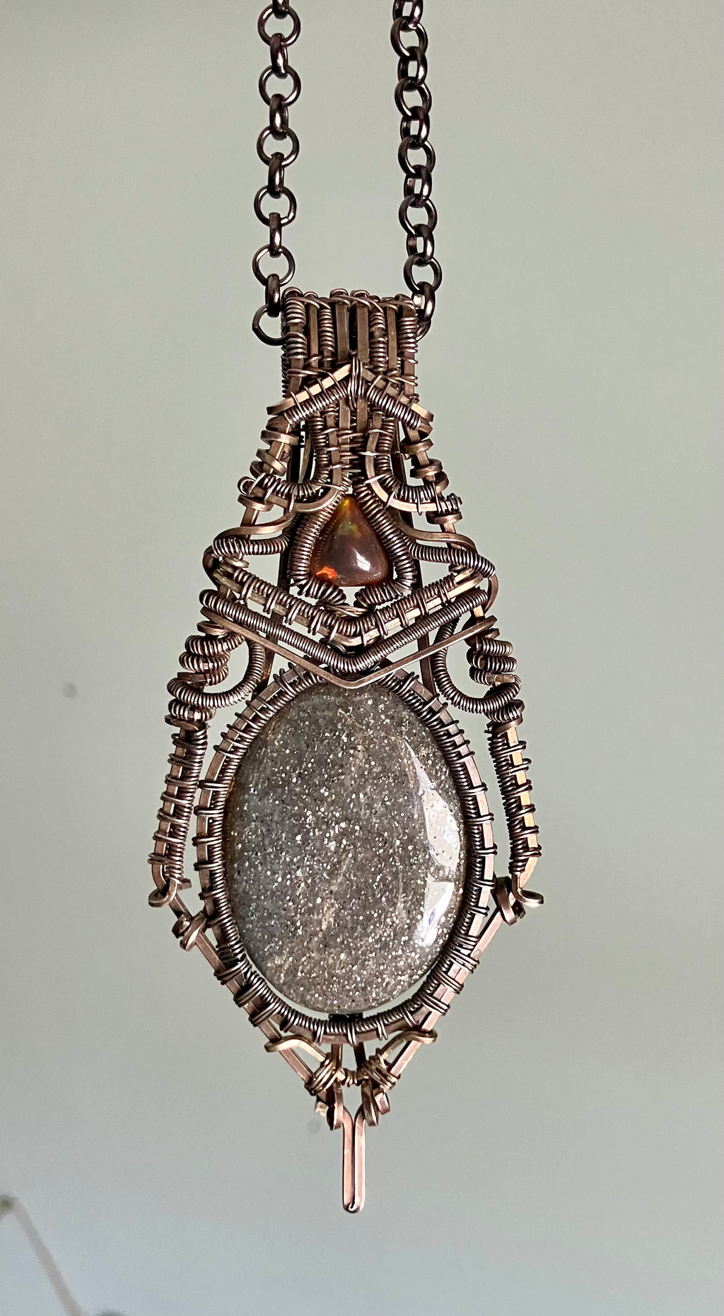 Black Iolite and Black Opal Trillion Wire Wrapped Amulet Statement Pendant in Tarnished Sterling Silver