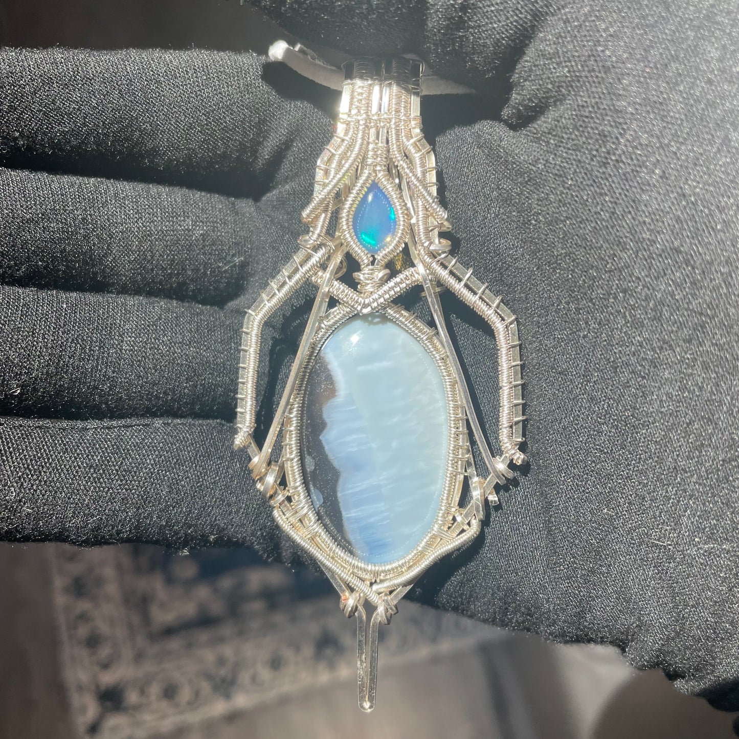 White & Blue Opal Crystal Wire Wrapped Amulet Pendant in 925 Sterling Silver