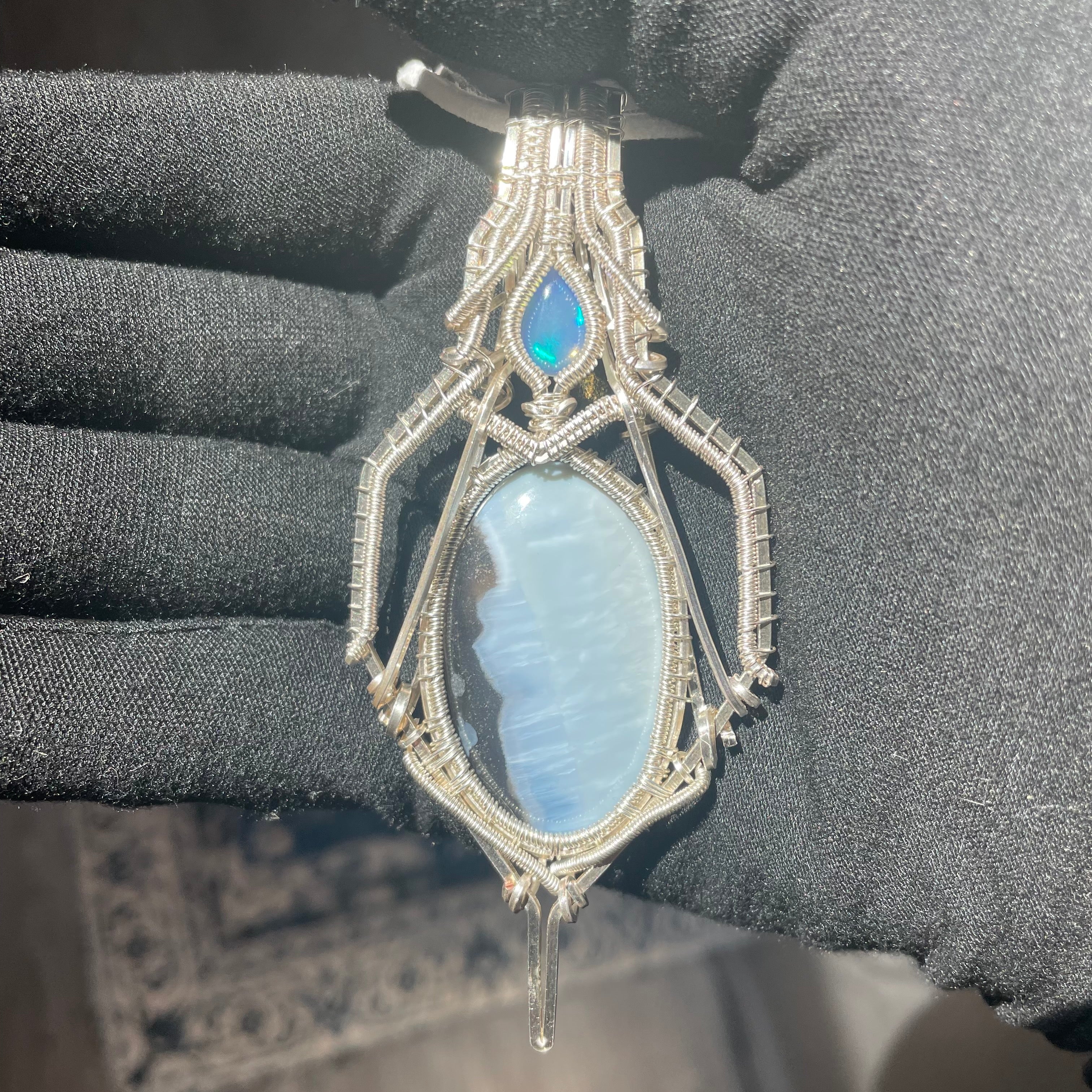 White & Blue Opal Crystal Wire Wrapped Amulet Pendant in 925 Sterling Silver