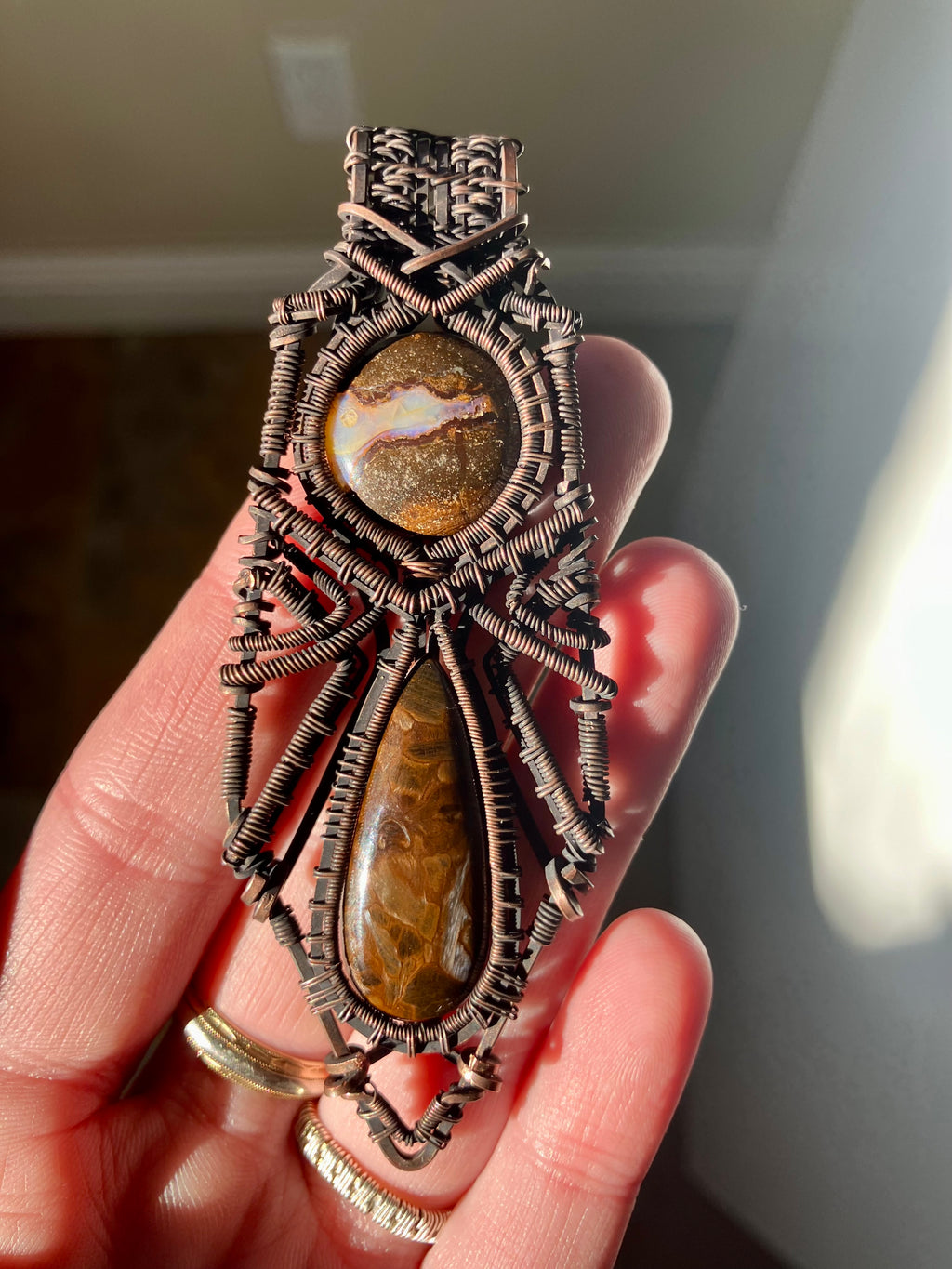 Boulder Opal and Pietersite Wire Wrapped Amulet, Statement Pendant in Tarnished Copper