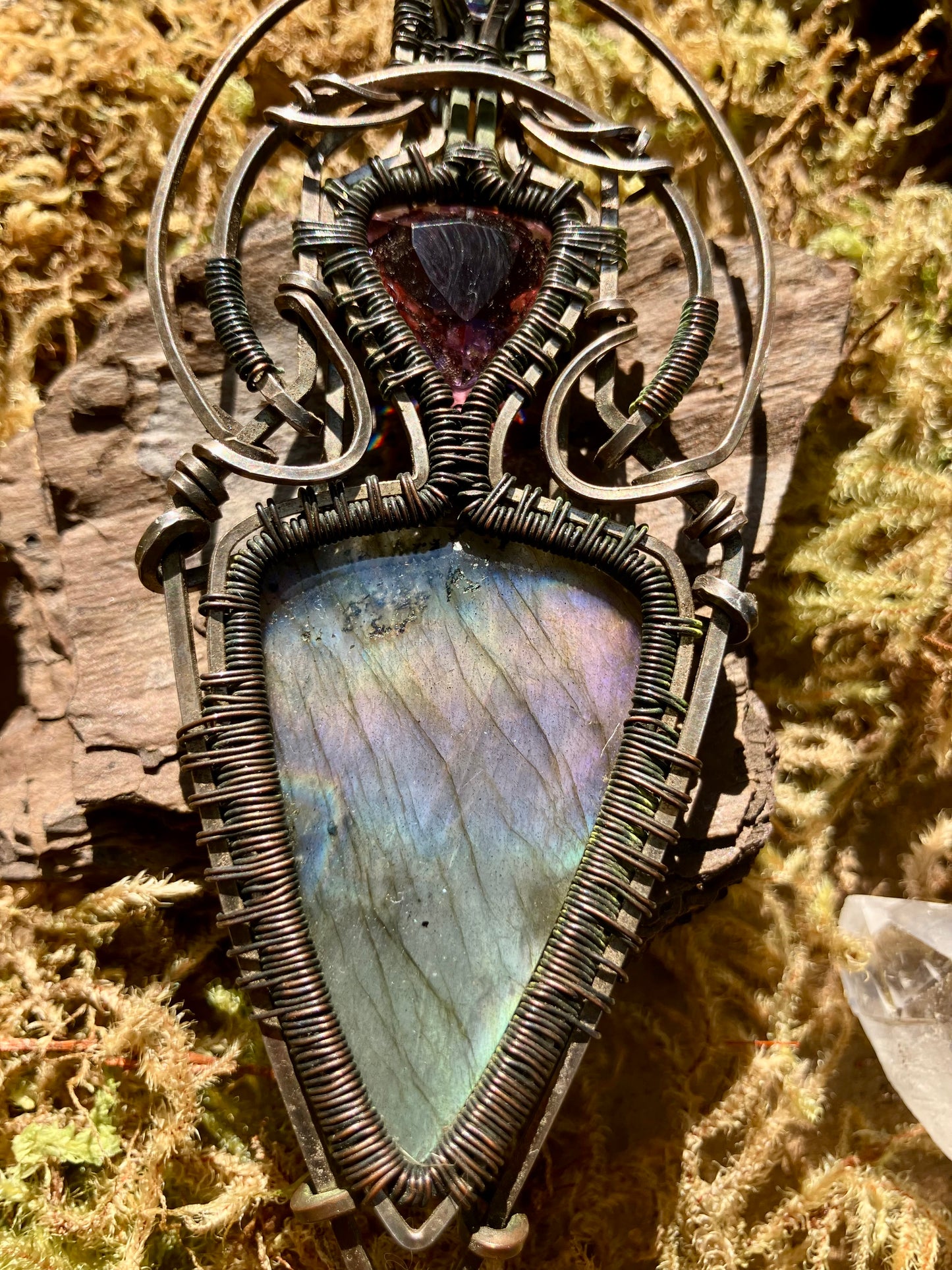 Mystic Topaz, Color-changing Alexandrite & Labradorite Crystal Wire Wrapped Amulet Pendant in 925 Sterling Silver