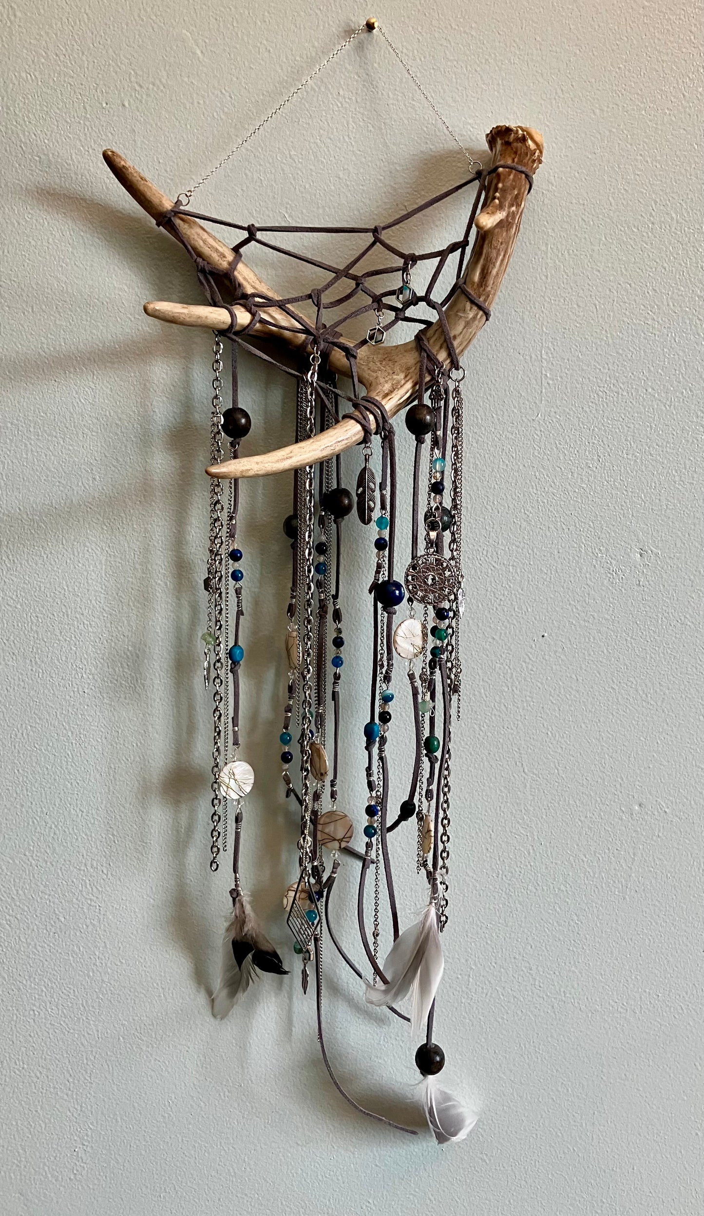Crystal Beaded Fringe Deer Antler Zodiac Dreamcatcher Wall Hanging-Crown Chakra-Angelic Realms-Tranquility