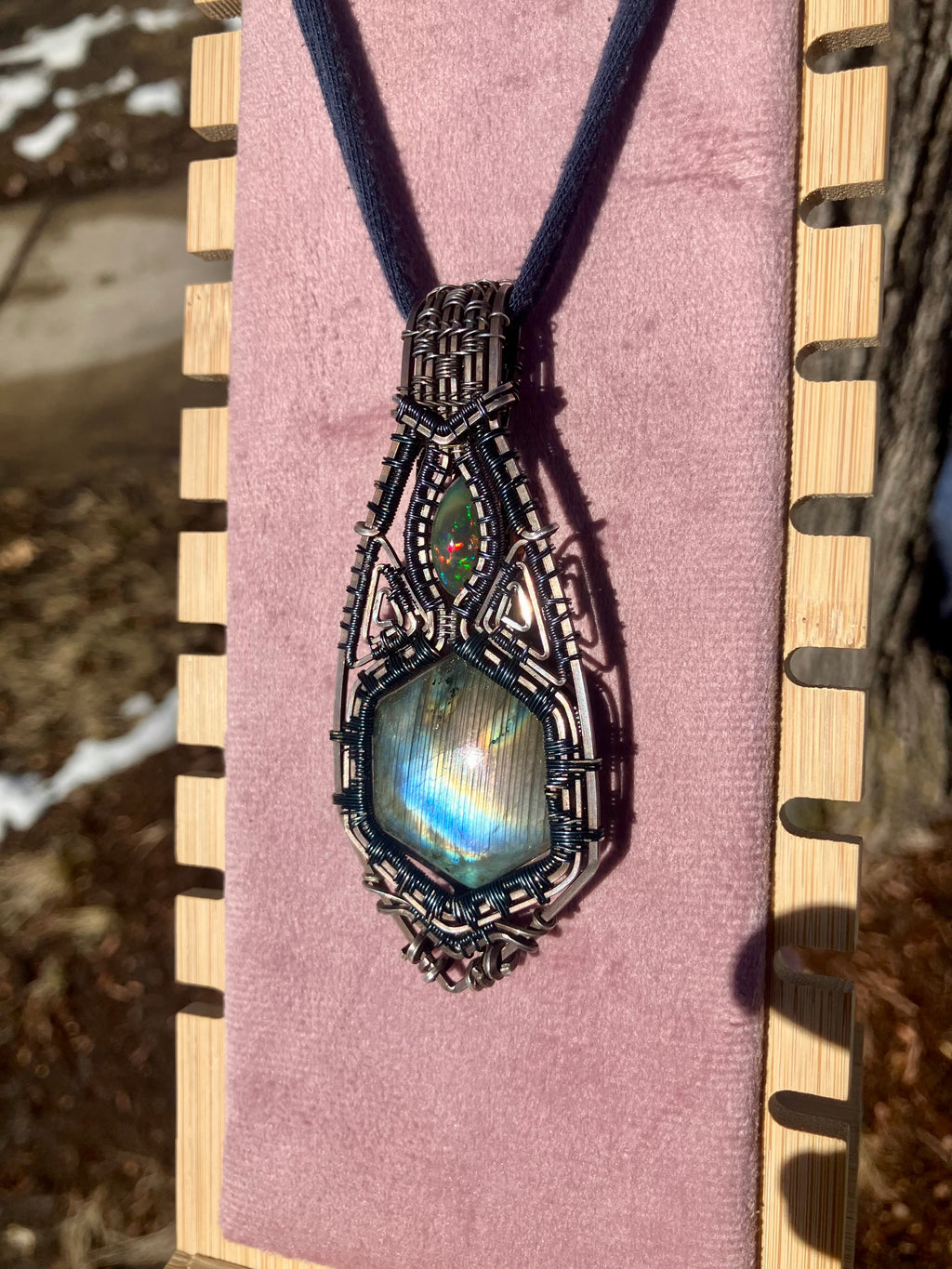 Labradorite Hexagon and Black Opal Wire Wrapped Amulet Statement Pendant in Tarnished Sterling Silver and Copper