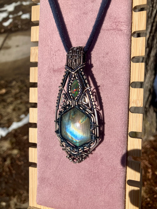 Labradorite Hexagon and Black Opal Wire Wrapped Amulet Statement Pendant in Tarnished Sterling Silver and Copper