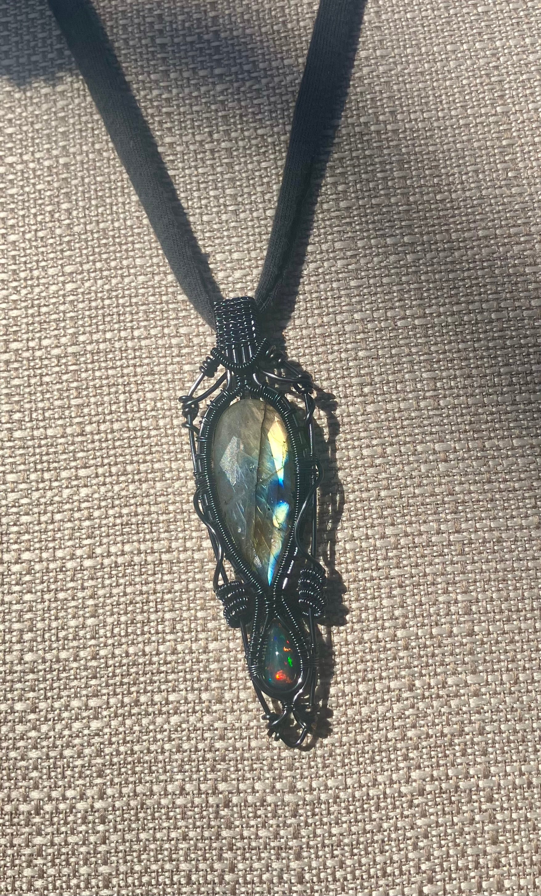 Black Opal & Labradorite Crystal Wire Wrapped Amulet Pendant in Hematite Colored Copper