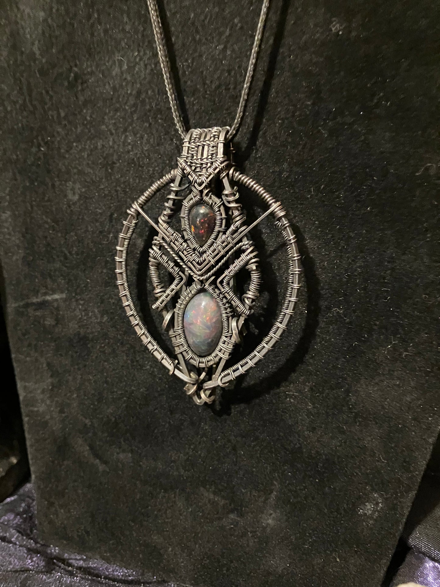 12 carat Double Black Opal Wire Wrapped Amulet in Tarnished Sterling Silver