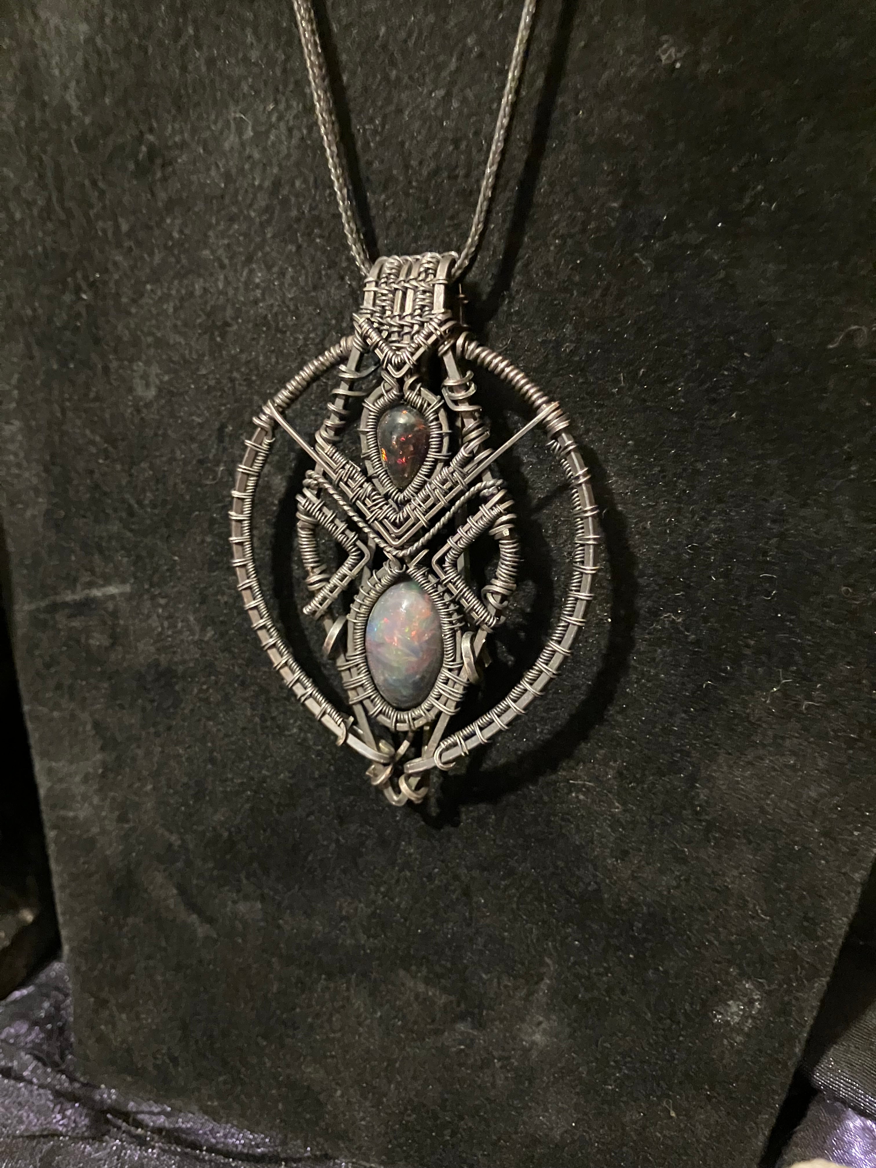 12 carat Double Black Opal Wire Wrapped Amulet in Tarnished Sterling Silver
