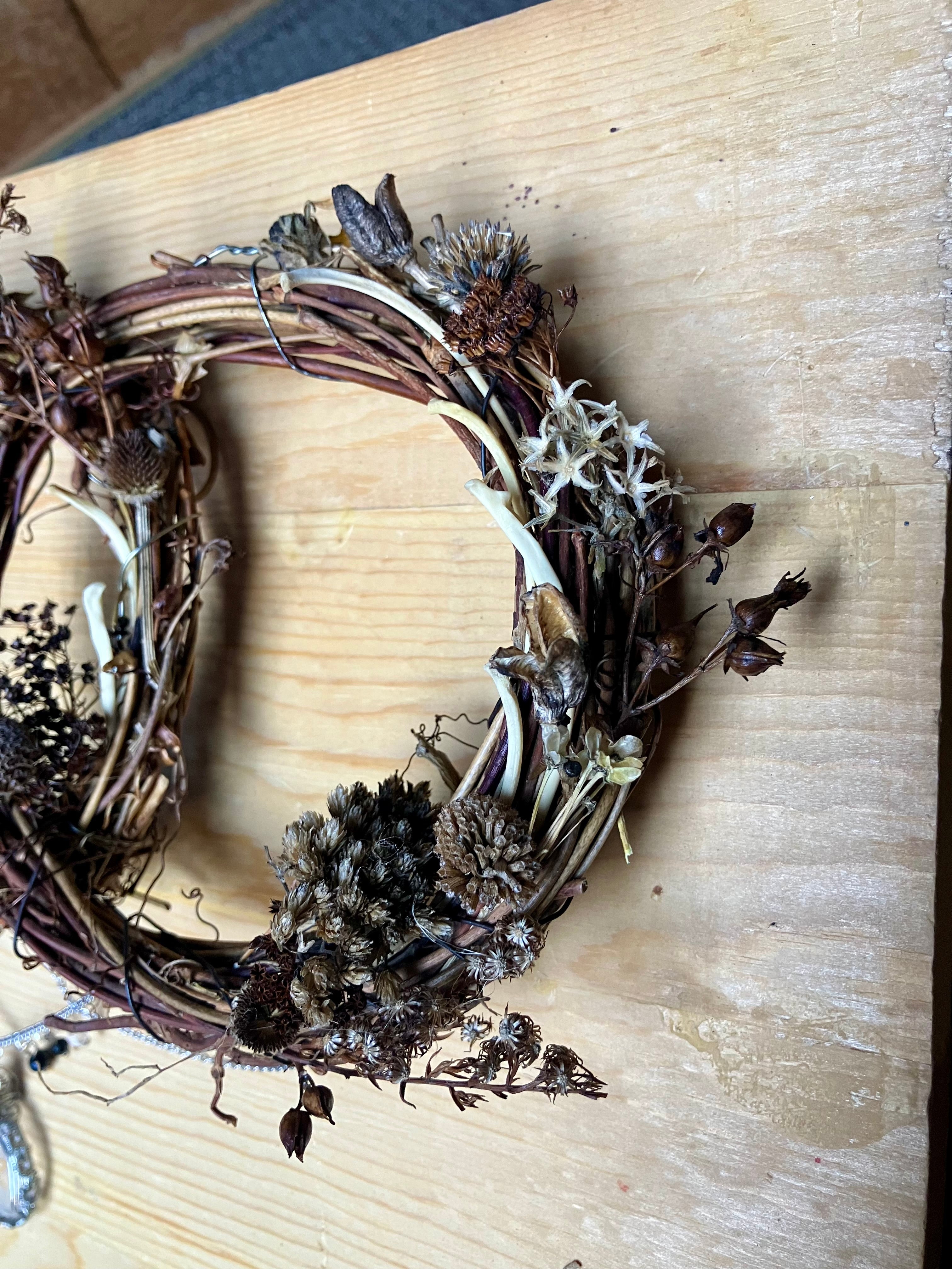 Groundhog Rib Bone Triple Goddess Floral Wreath- Clear Quartz & Black Tourmaline- Amplify Intentions- Altar Decor