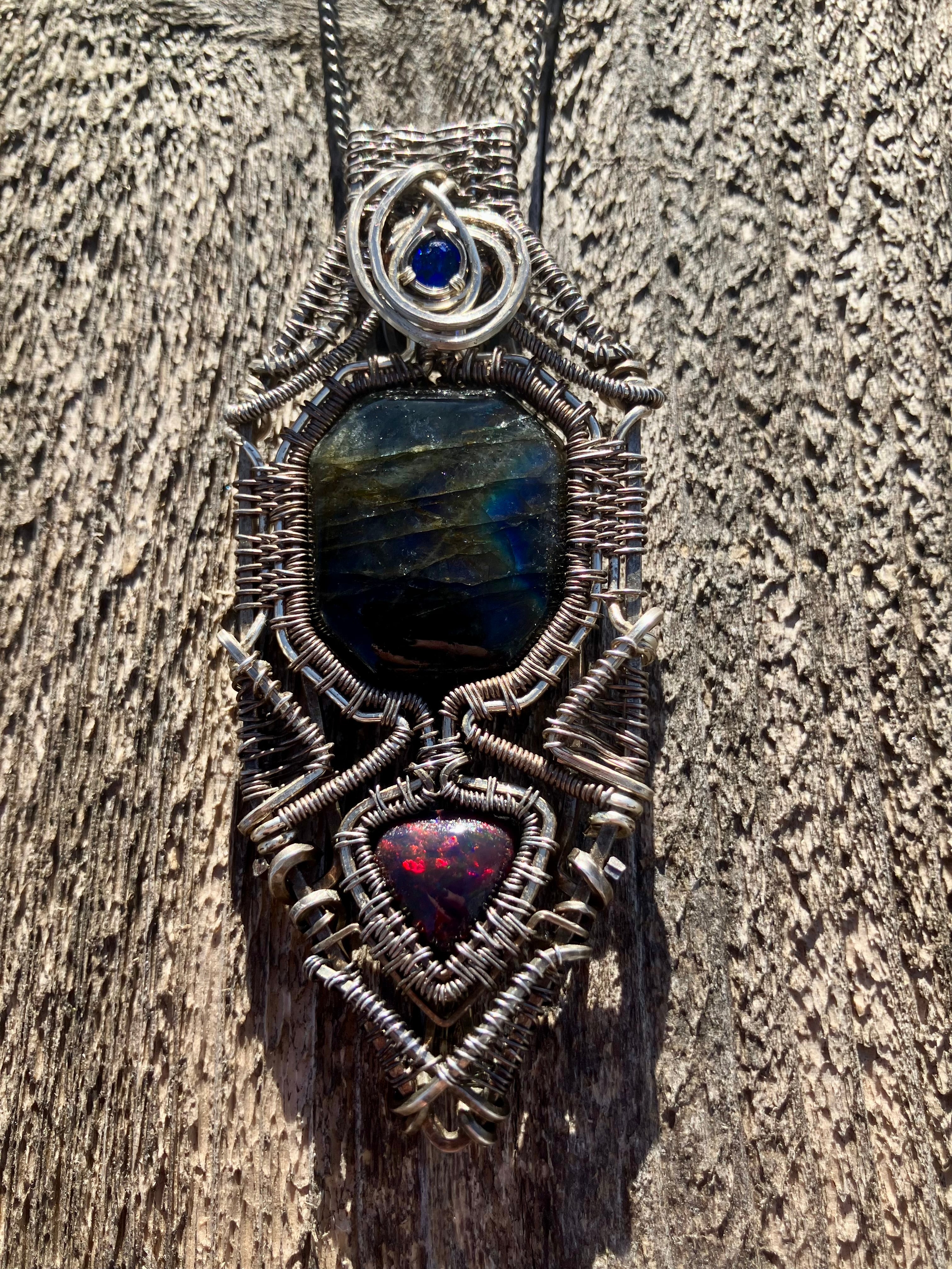 Octagonal Labradorite, Black Opal & Blue Quartz Wire Wrapped Amulet in 925 Sterling Silver- Aligns Chakras- Lucid Dreams- Spiritual Growth