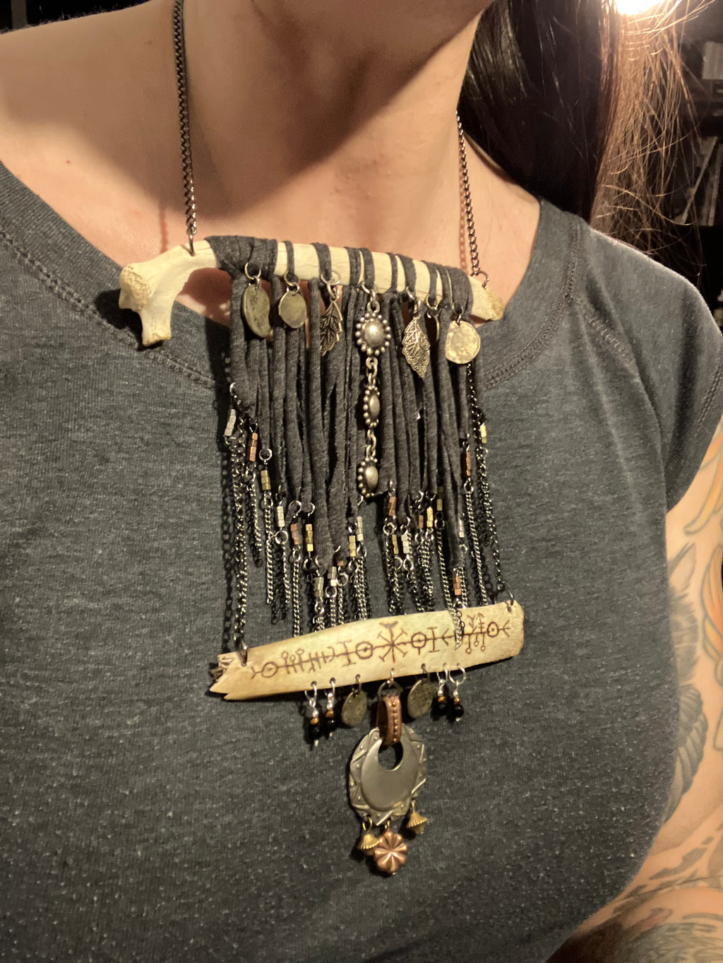 Wood Burned Deer Bone Charm Fringe Bib Necklace with Black Onyx & Copper Beads- Sigil for Protection and Vitality
