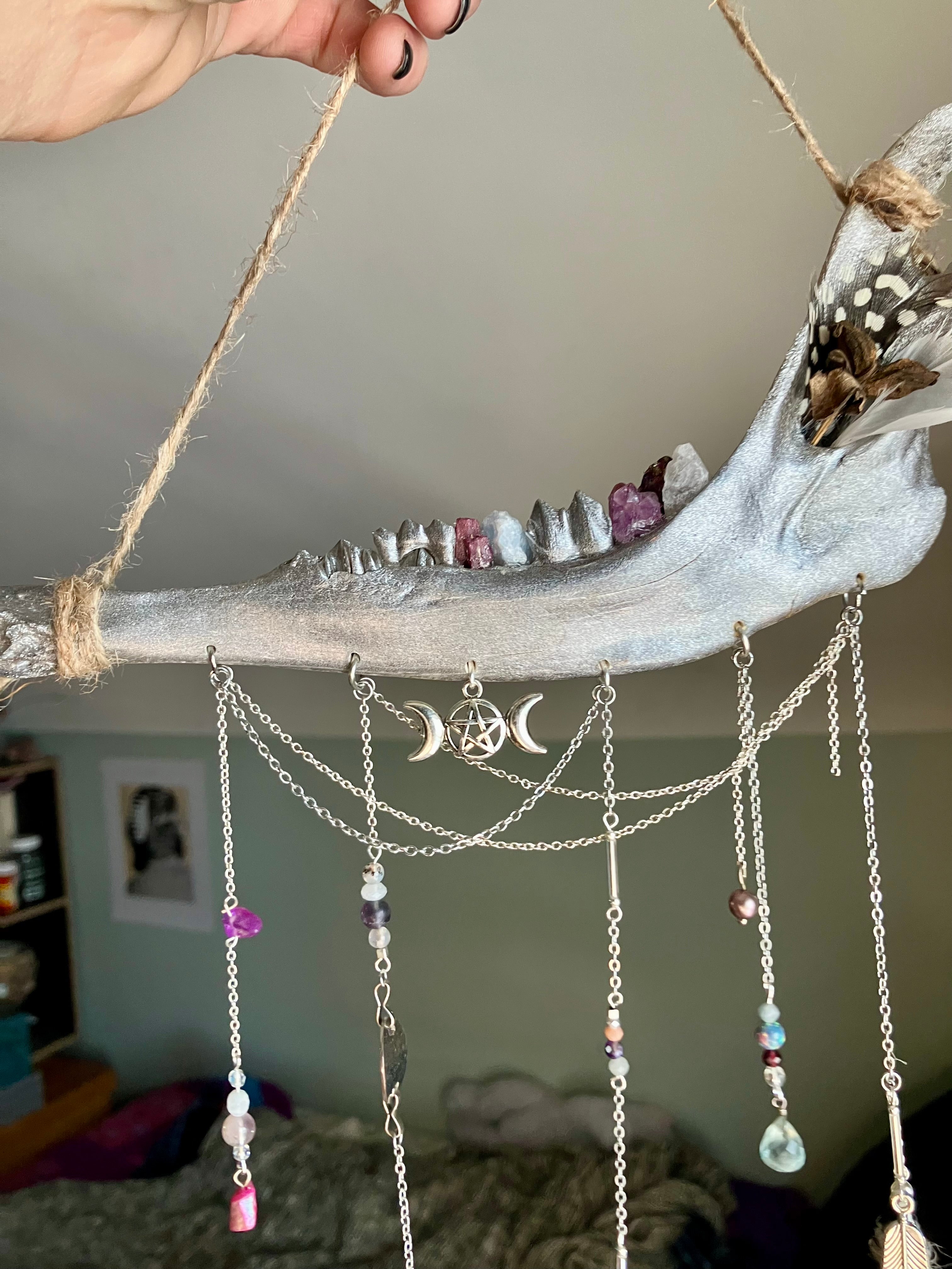 Crystal Triple Goddess Deer Jawbone Wall Hanging Altar Decor- Connect with Divine- Angelite, Garnet, Amethyst+