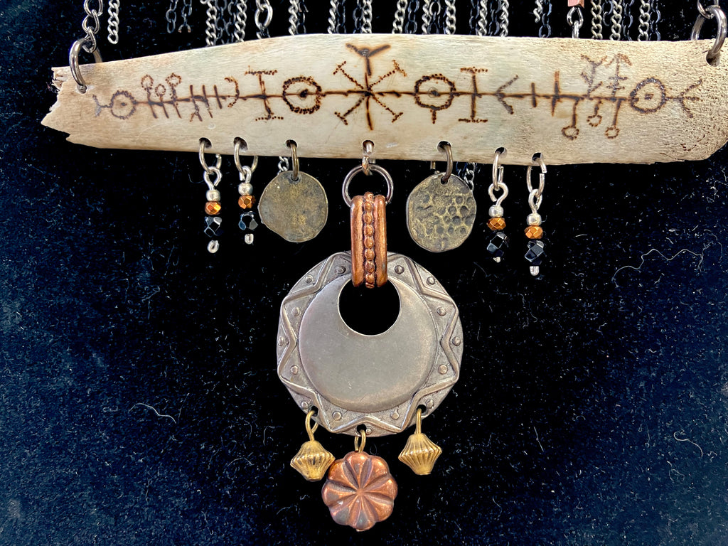 Wood Burned Deer Bone Charm Fringe Bib Necklace with Black Onyx & Copper Beads- Sigil for Protection and Vitality