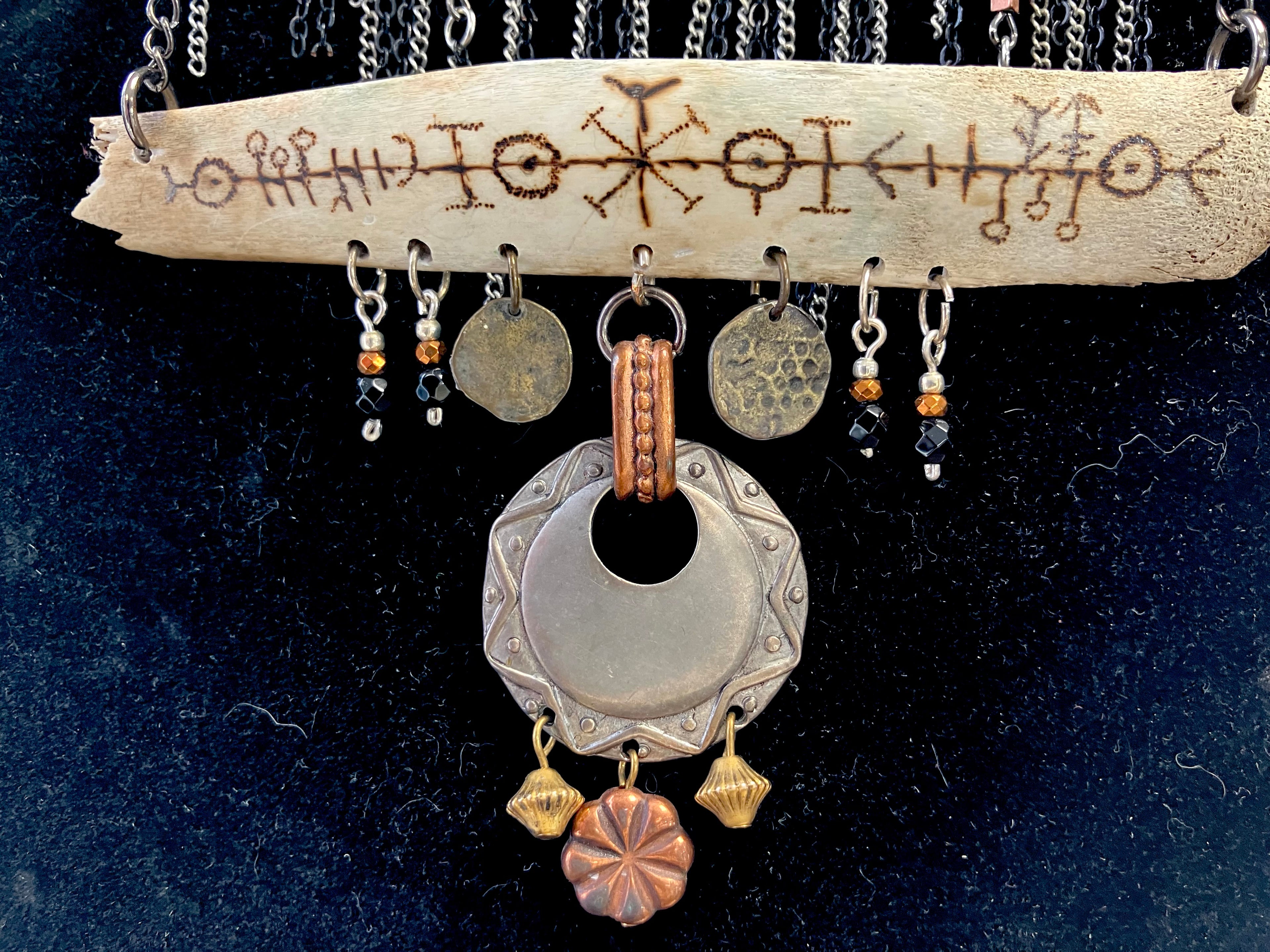 Wood Burned Deer Bone Charm Fringe Bib Necklace with Black Onyx & Copper Beads- Sigil for Protection and Vitality