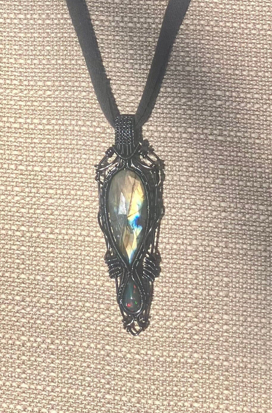Black Opal & Labradorite Crystal Wire Wrapped Amulet Pendant in Hematite Colored Copper