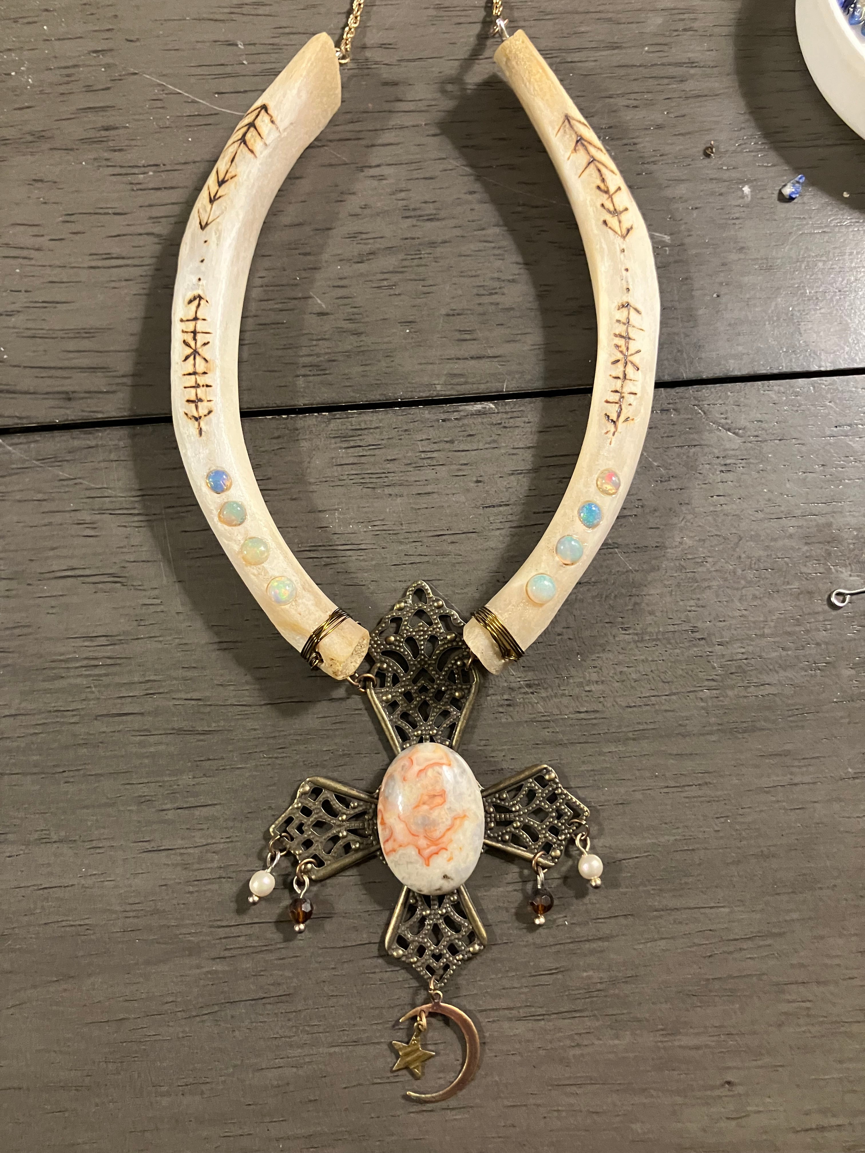 Javelina Rib Bone Crystal Ceremonial Amulet with Sigils for Inner Peace- Crazy Lace Agate- Opal- Garnet