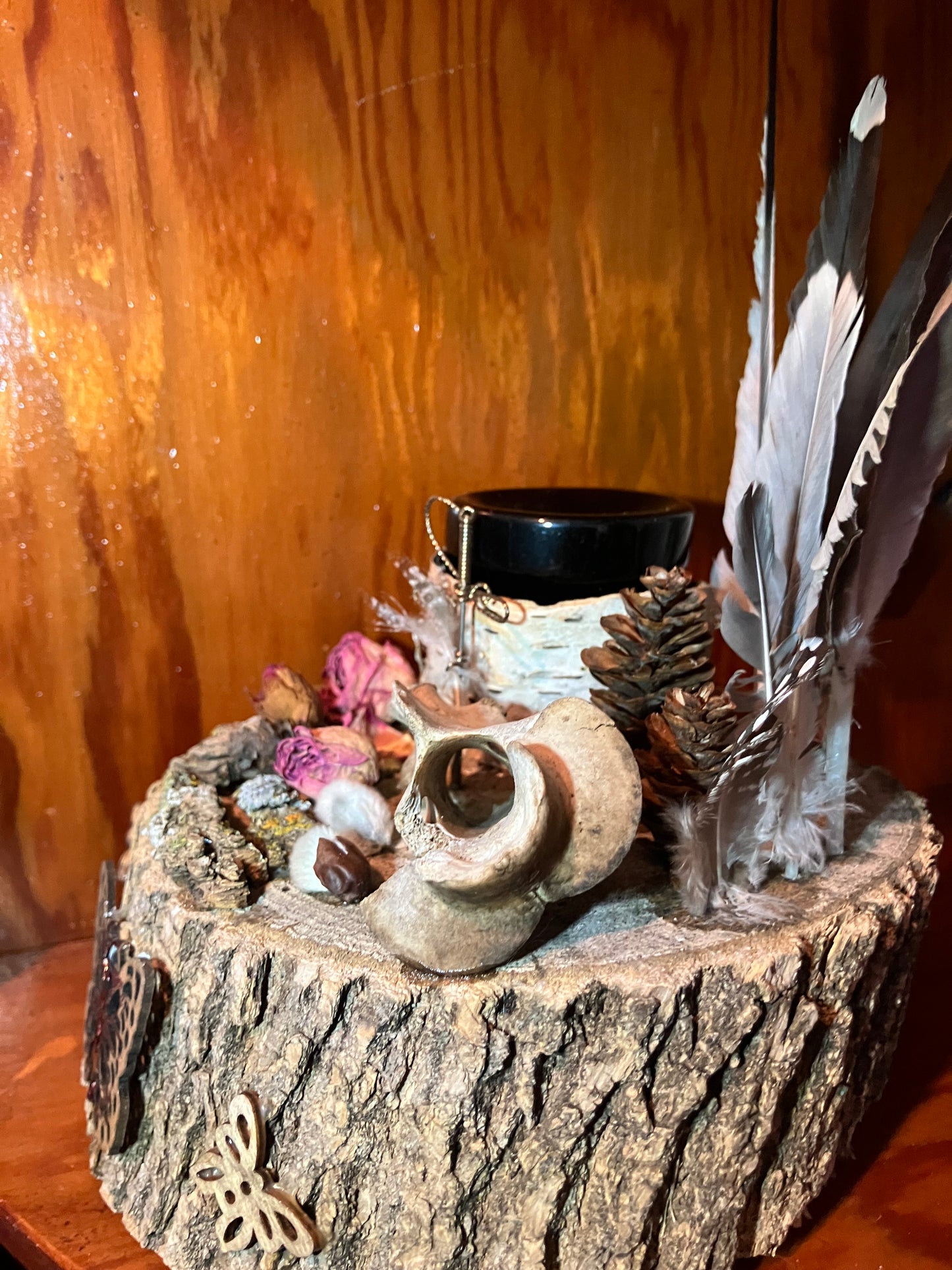 White Oak Butterfly & Sword Offering Altar w/ Deer Vertebrae, Rosebuds, Birch and Obsidian Bowl- Animal Magick- Release Spiritual Blockages-