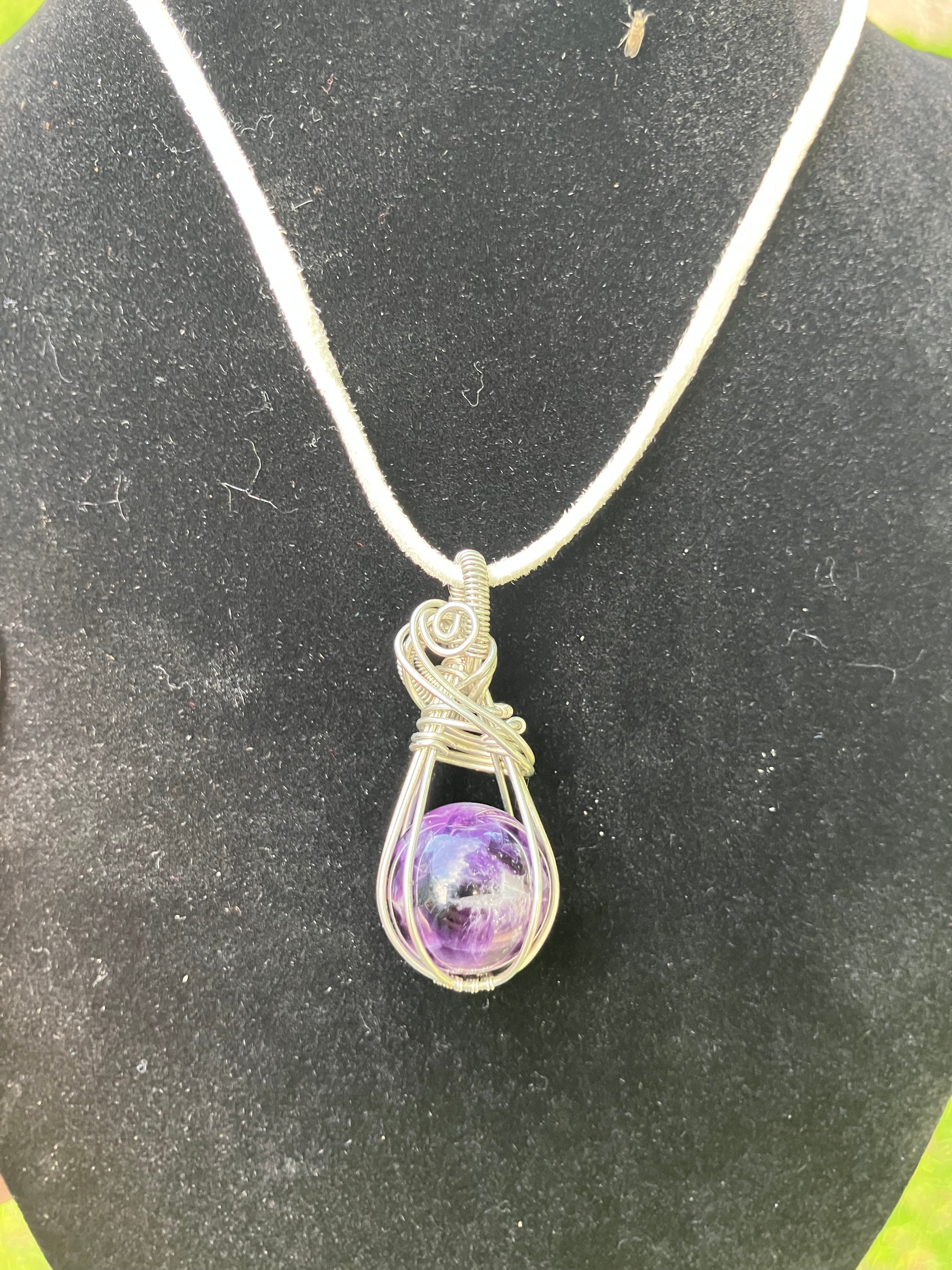 Reversible Chevron Amethyst Sphere Wire Wrapped Pendant in Silver Tone Copper