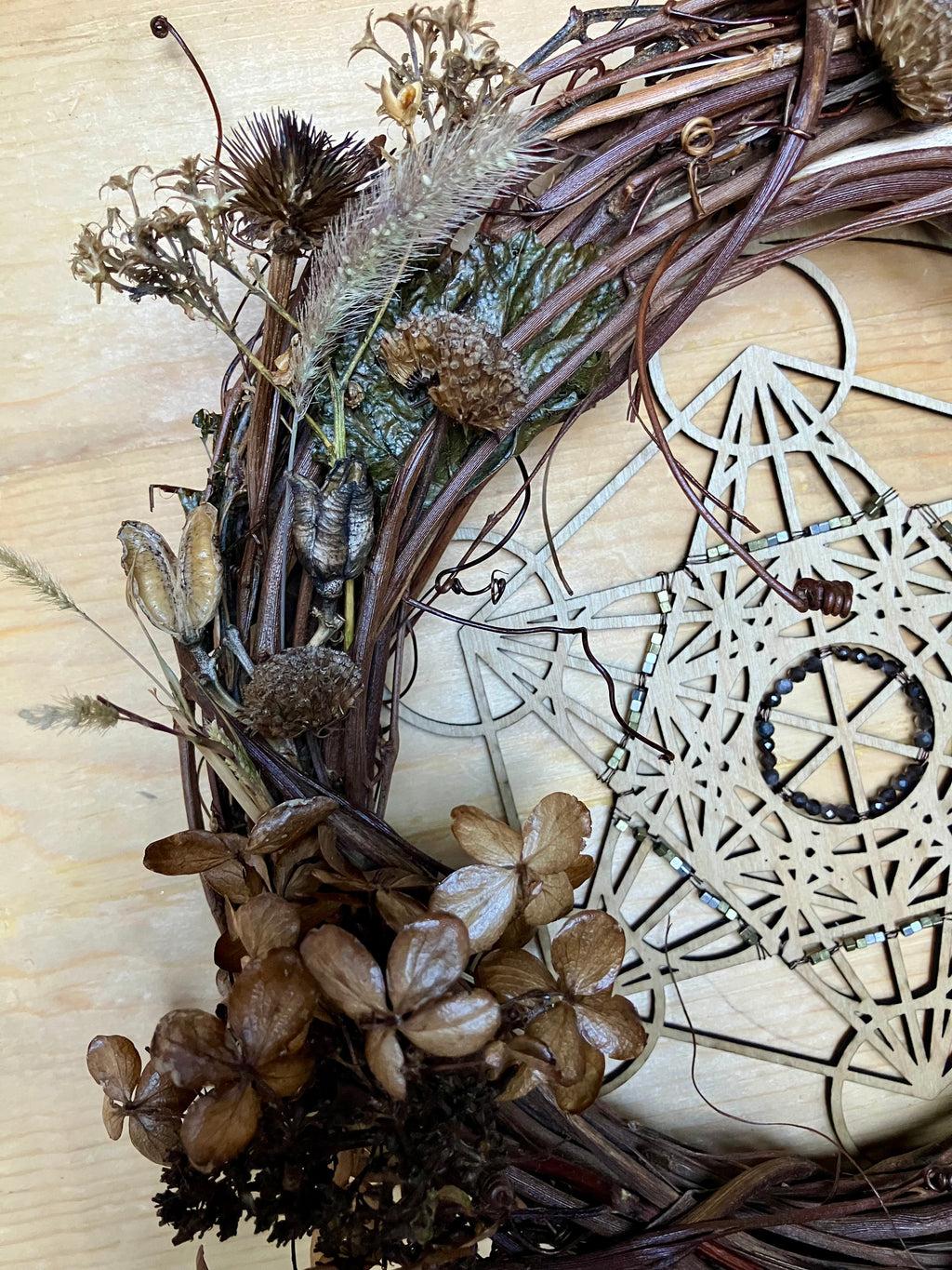 Archangel Metatron Sacred Geometry 10” Protection & Power Wreath- Silver Sheen Obsidian- Hawk