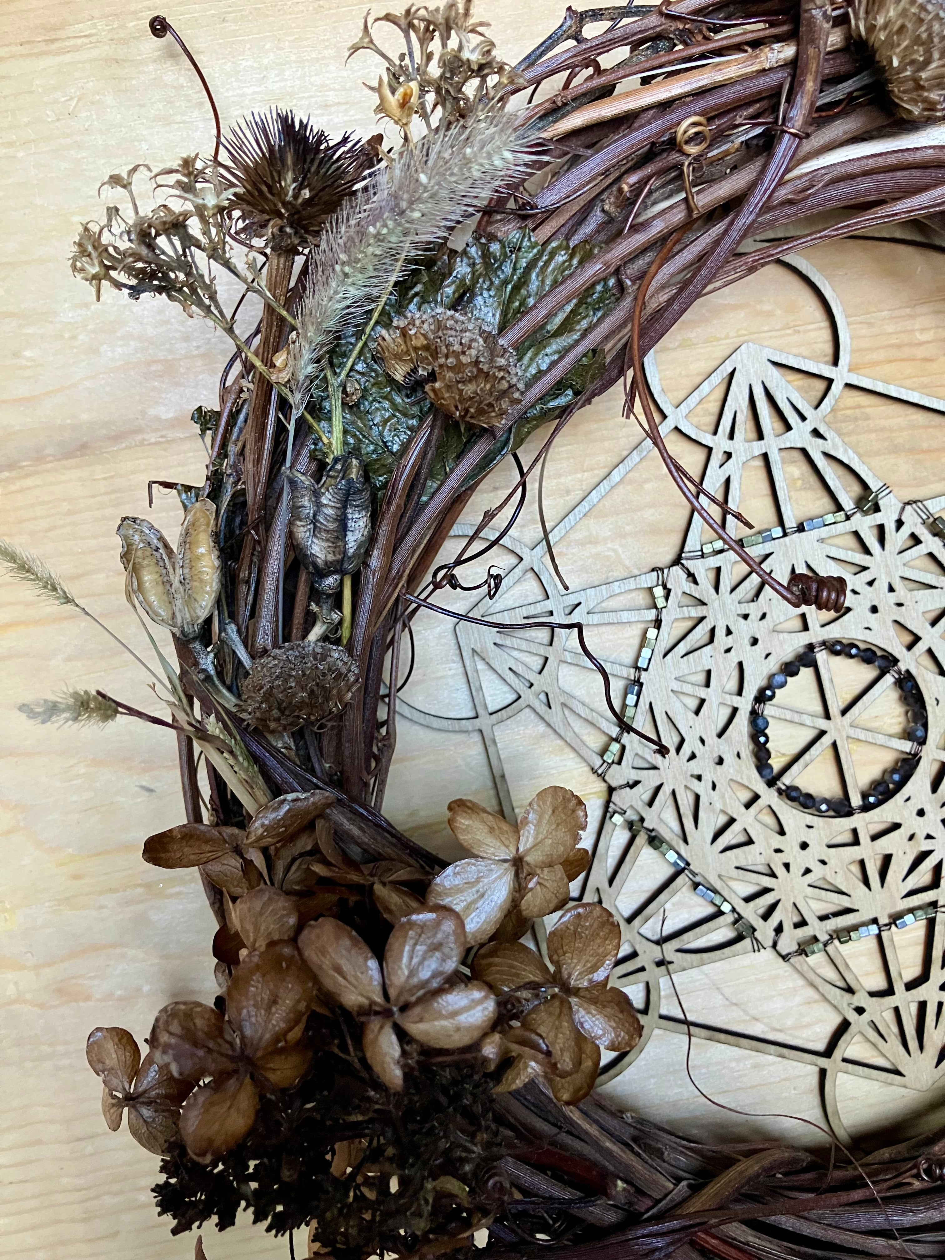 Archangel Metatron Sacred Geometry 10” Protection & Power Wreath- Silver Sheen Obsidian- Hawk