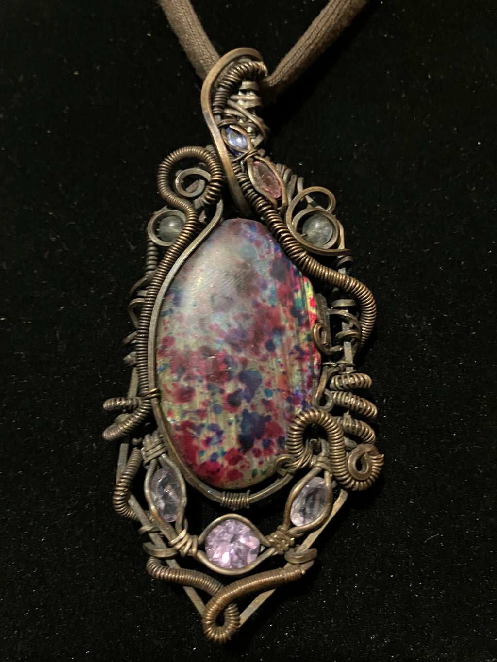 Harlequin Labradorite with Faceted Amethyst, Tanzanite & Pink Topaz Wire Wrapped Amulet Statement Pendant in Tarnished Copper