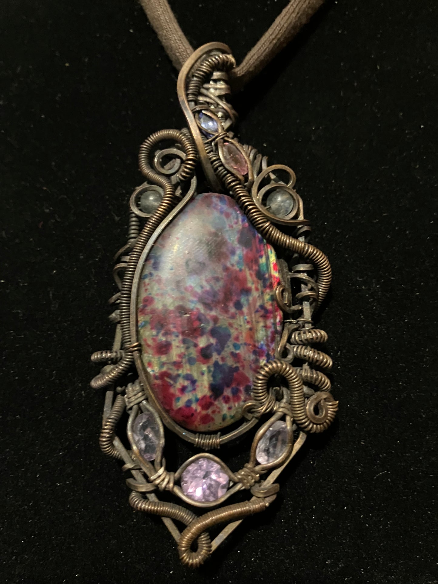 Harlequin Labradorite with Faceted Amethyst, Tanzanite & Pink Topaz Wire Wrapped Amulet Statement Pendant in Tarnished Copper