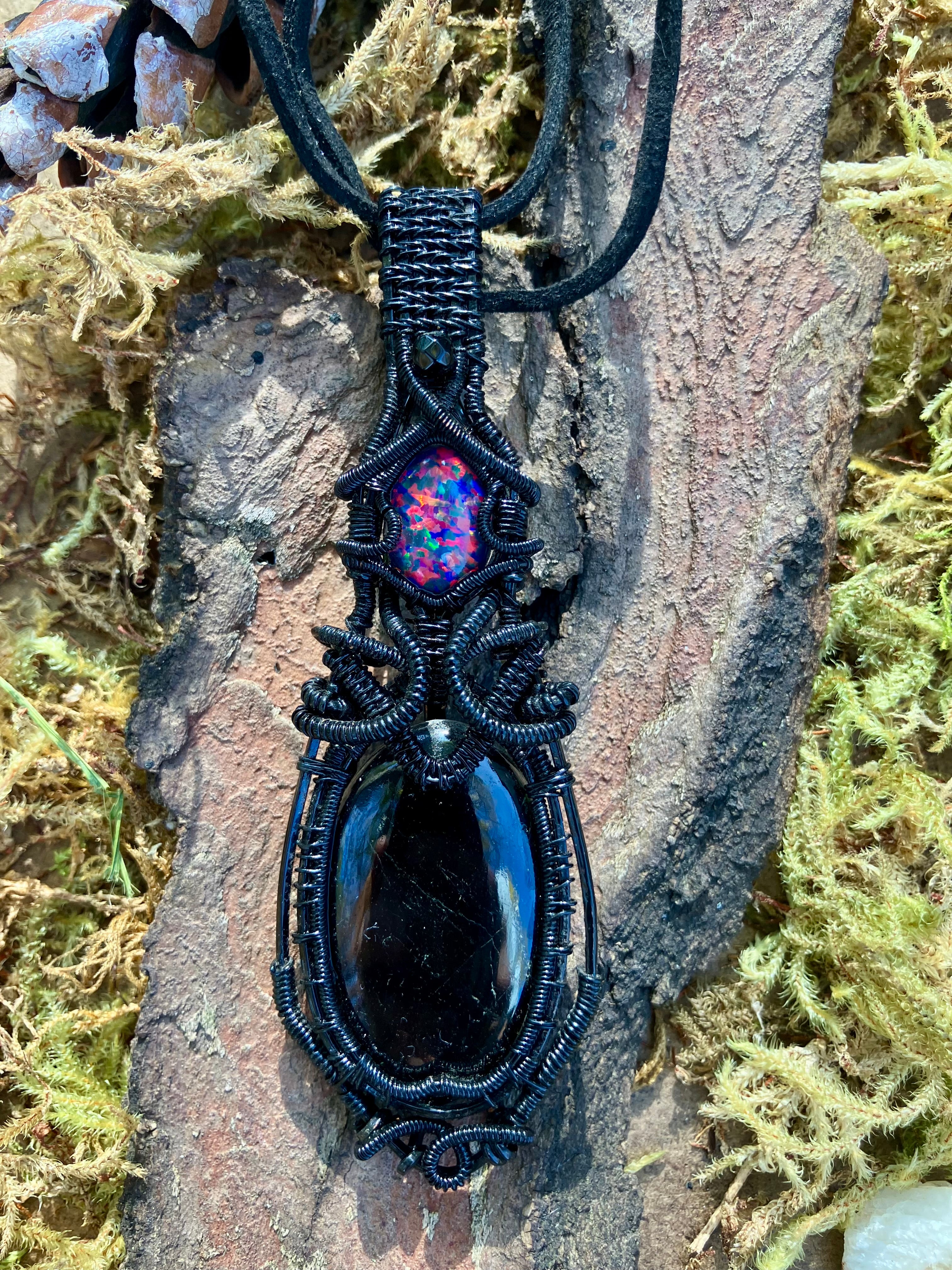 Silver Sheen Obsidian and Lab Opal Wire Wrapped Pendant in Black Copper