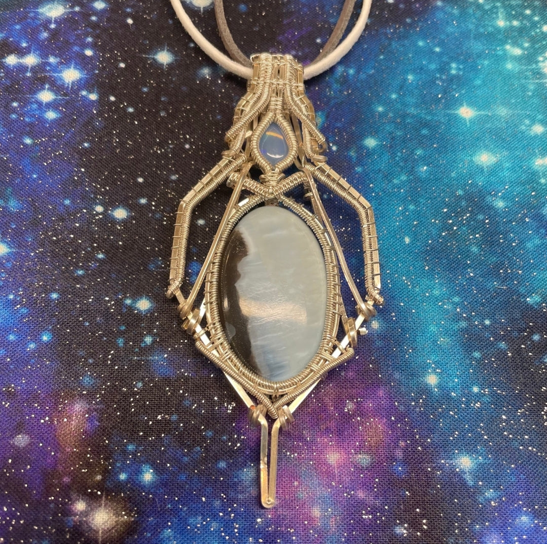 White & Blue Opal Crystal Wire Wrapped Amulet Pendant in 925 Sterling Silver