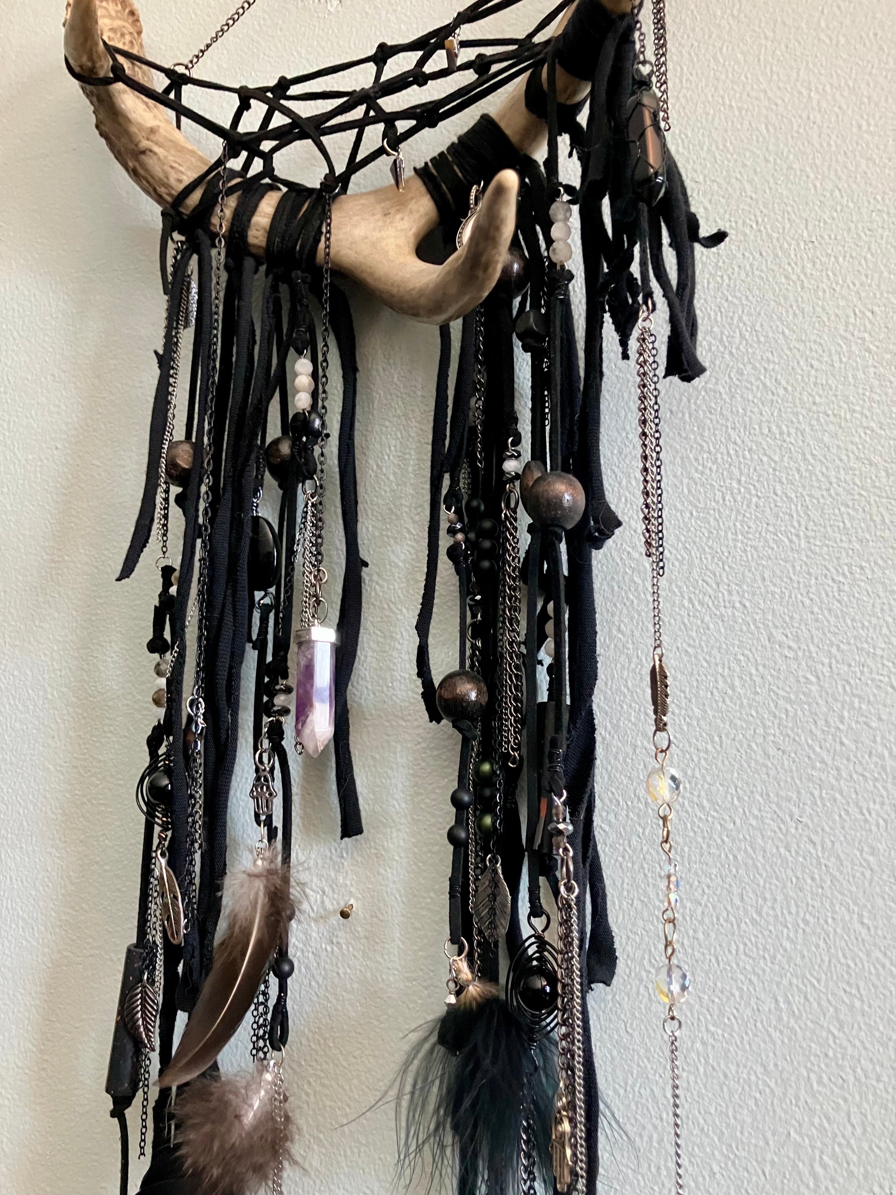 Crystal Beaded Fringe Charm Deer Antler Dreamcatcher Wall Hanging- Protection, Root/Crown Chakra- Amethyst, Onyx