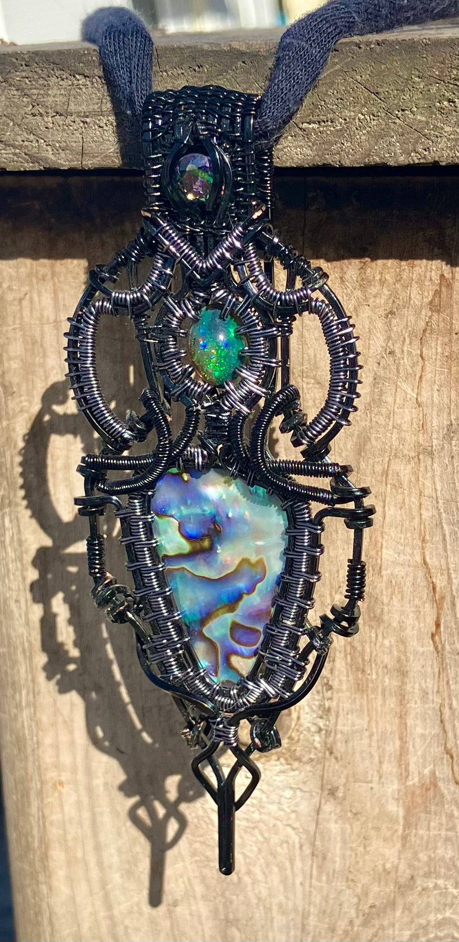 Abalone, Black Opal & Mystic Topaz Wire Wrapped Amulet in Black and Grey Copper