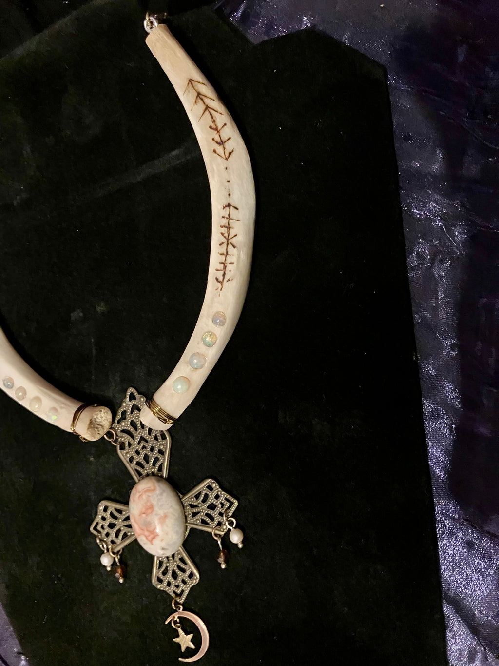 Javelina Rib Bone Crystal Ceremonial Amulet with Sigils for Inner Peace- Crazy Lace Agate- Opal- Garnet