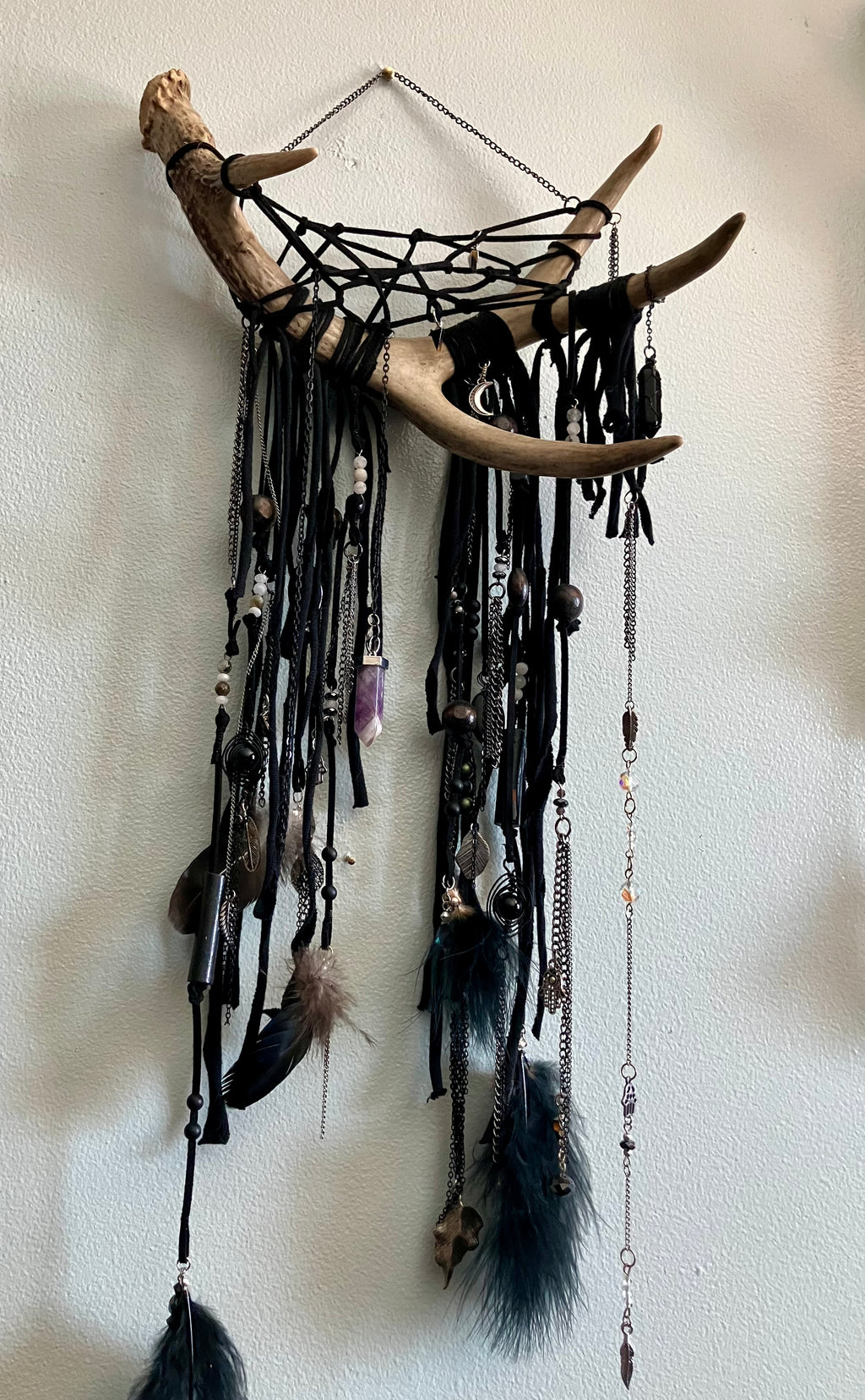 Crystal Beaded Fringe Charm Deer Antler Dreamcatcher Wall Hanging- Protection, Root/Crown Chakra- Amethyst, Onyx