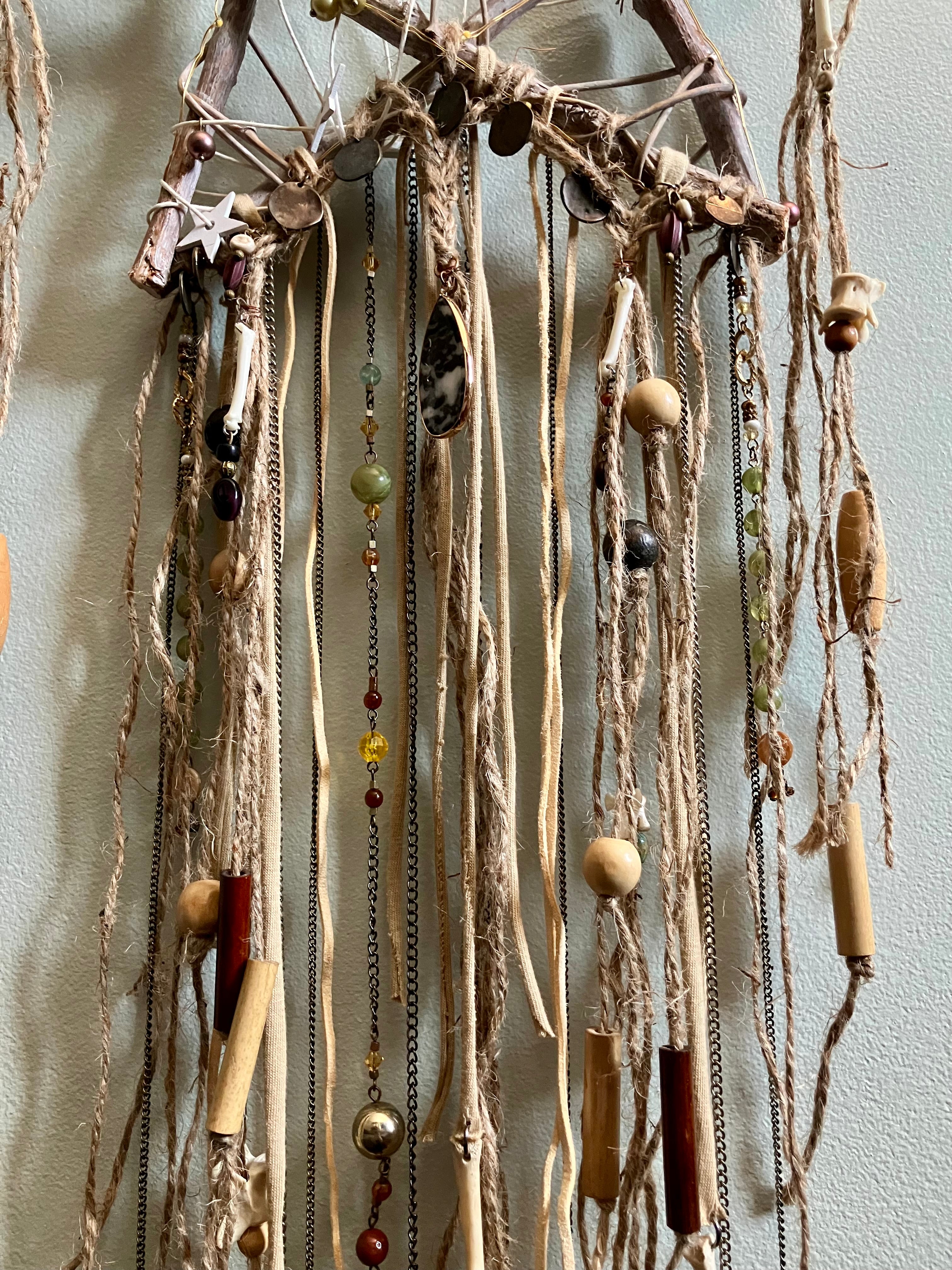 Handmade Crystal & Goundhog Bone, Embellished Star Wall Hanging- Bridgid’s Rhythm- Triple Goddess- LIGHTS UP