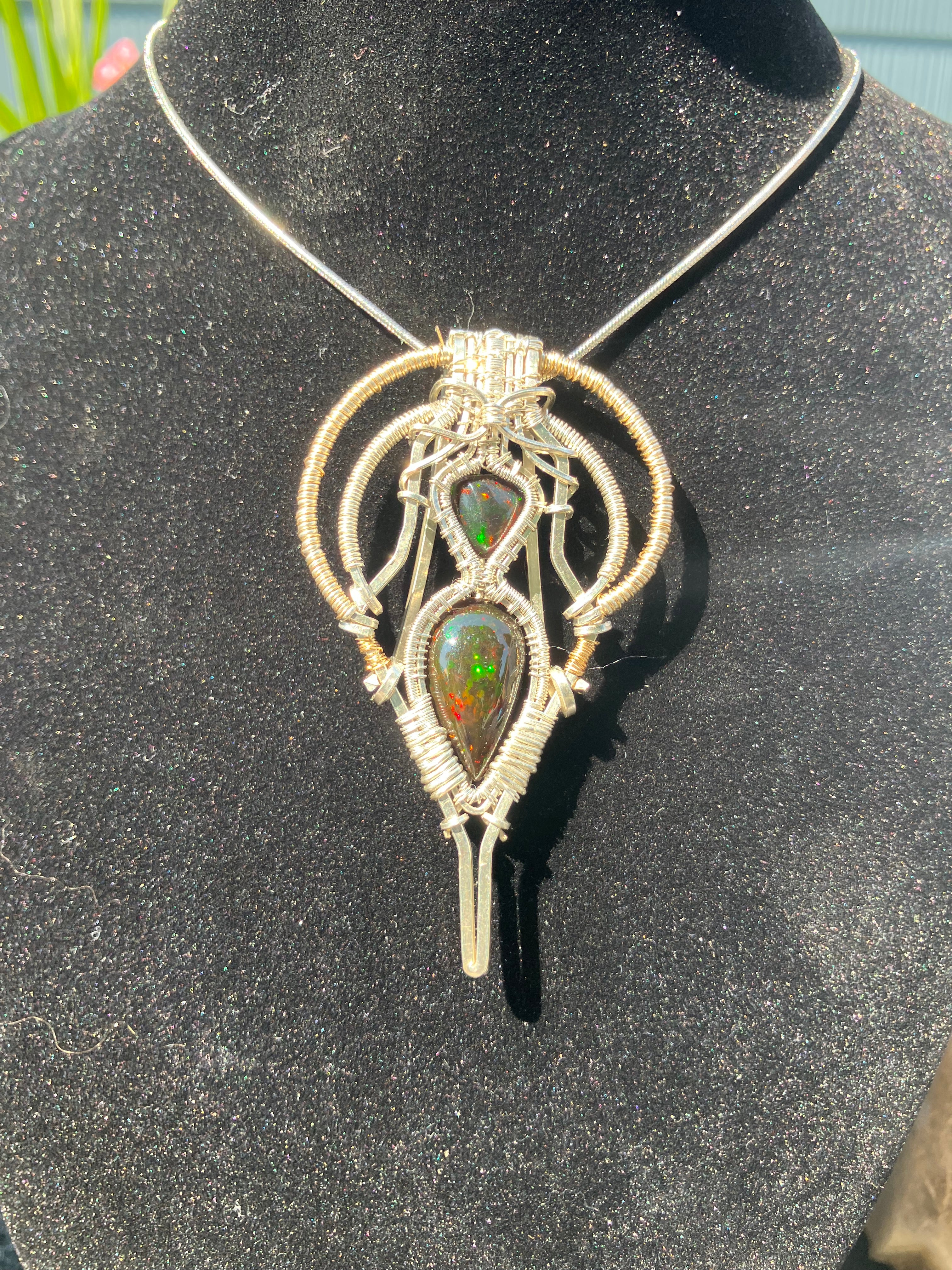 8.4 carat Double Black Opal Crystal Wire Wrapped Amulet Pendant in 925 Sterling Silver & 14k Yellow Gold