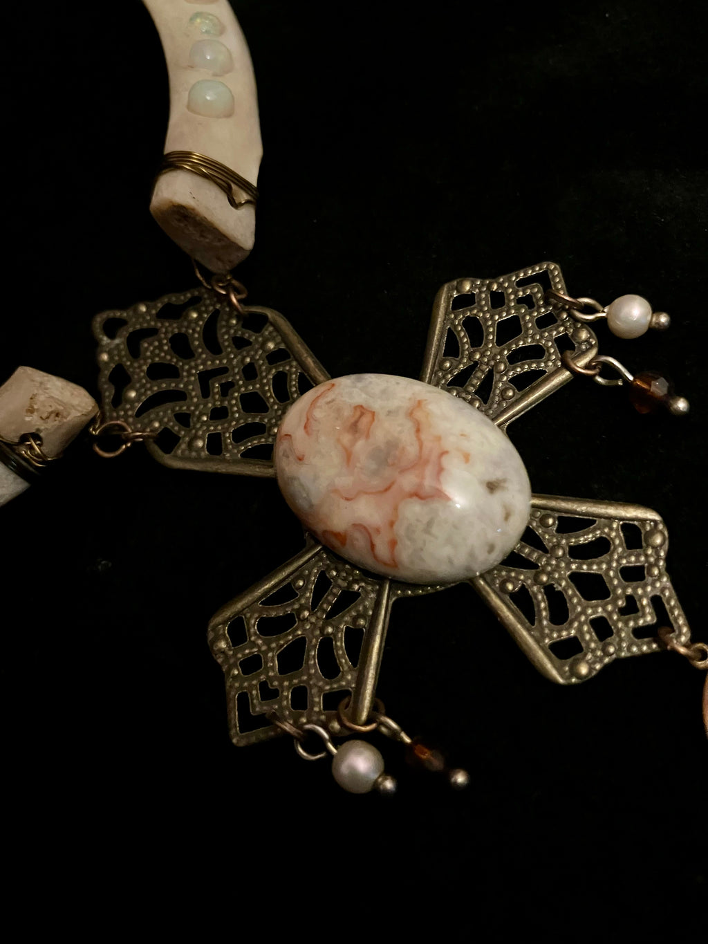 Javelina Rib Bone Crystal Ceremonial Amulet with Sigils for Inner Peace- Crazy Lace Agate- Opal- Garnet