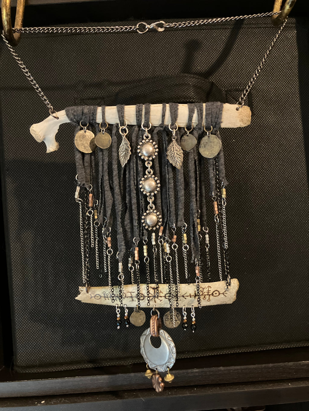 Wood Burned Deer Bone Charm Fringe Bib Necklace with Black Onyx & Copper Beads- Sigil for Protection and Vitality