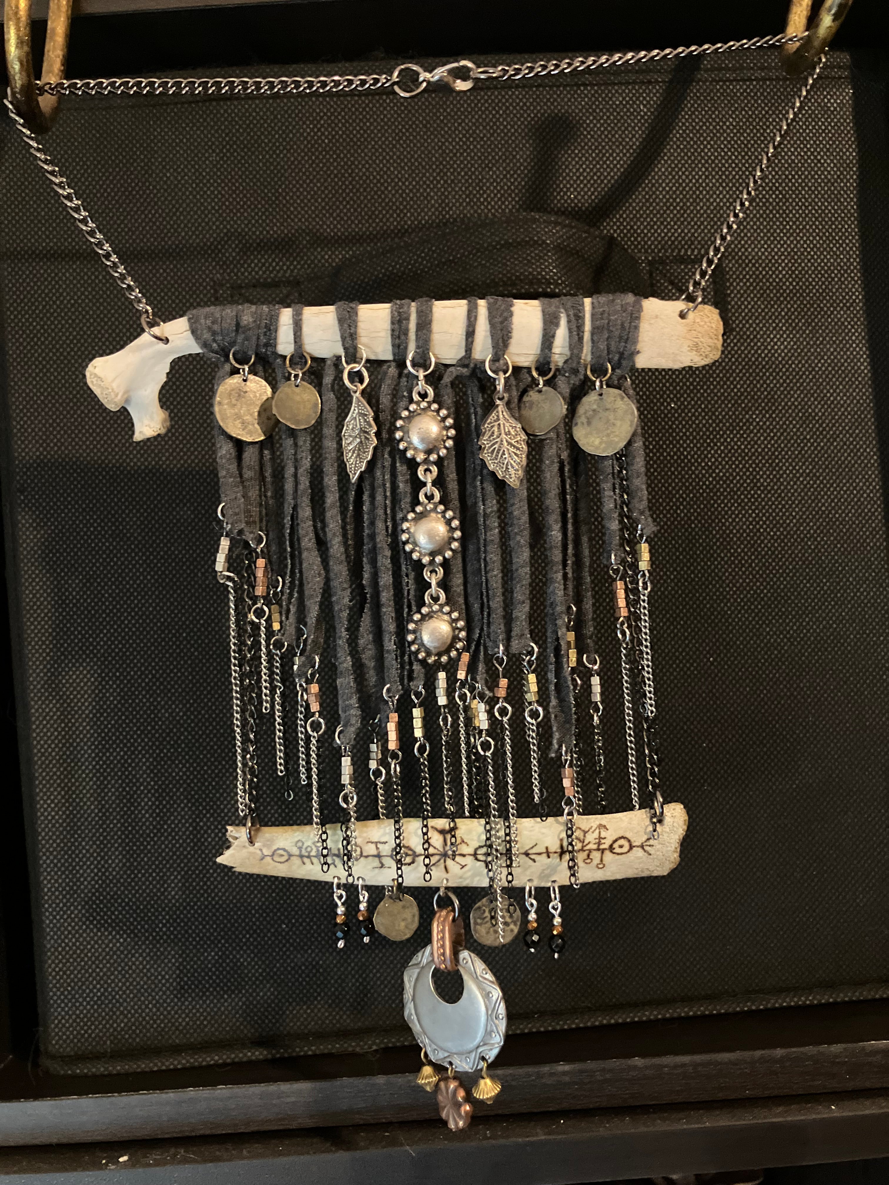 Wood Burned Deer Bone Charm Fringe Bib Necklace with Black Onyx & Copper Beads- Sigil for Protection and Vitality