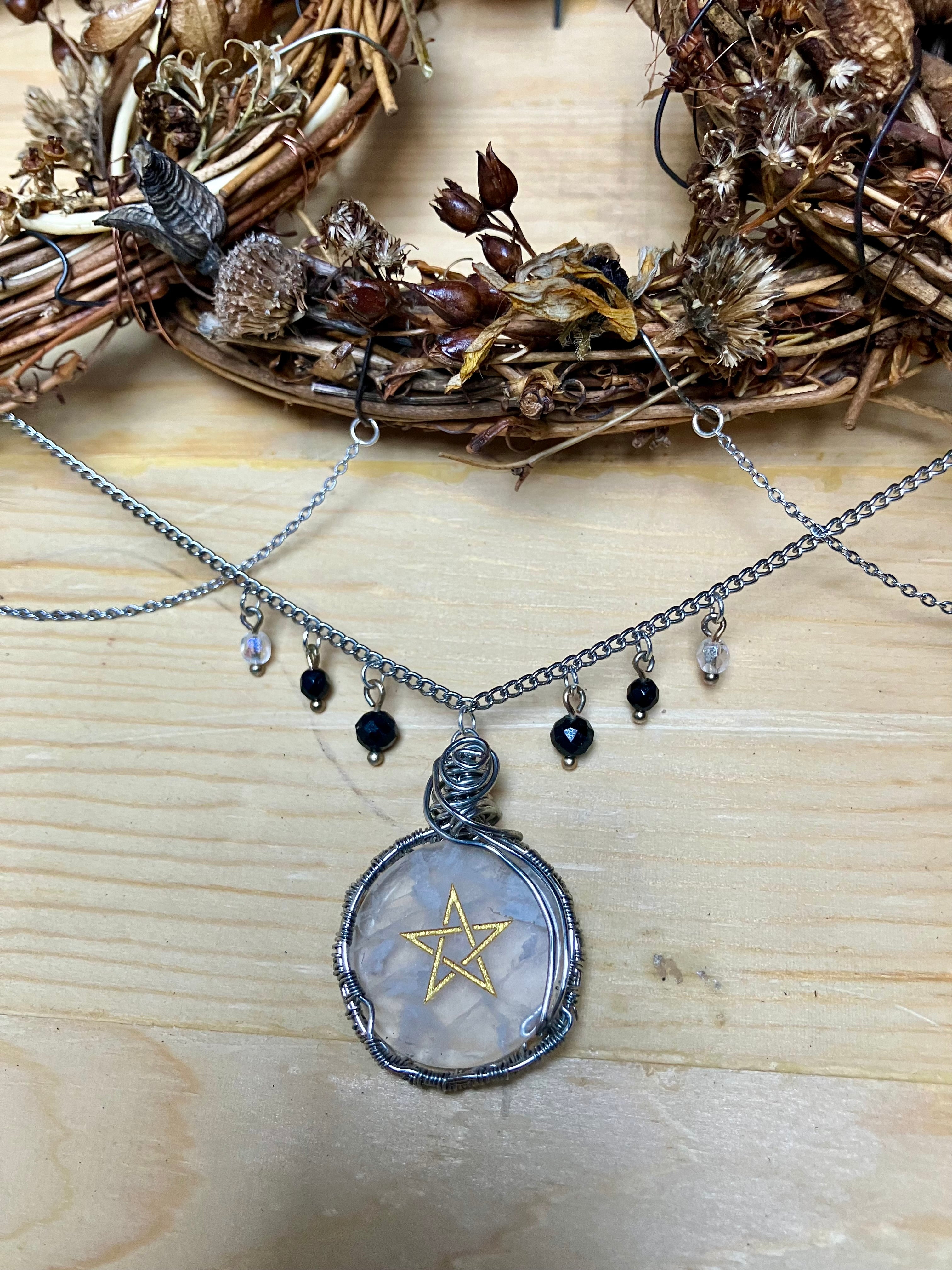 Groundhog Rib Bone Triple Goddess Floral Wreath- Clear Quartz & Black Tourmaline- Amplify Intentions- Altar Decor