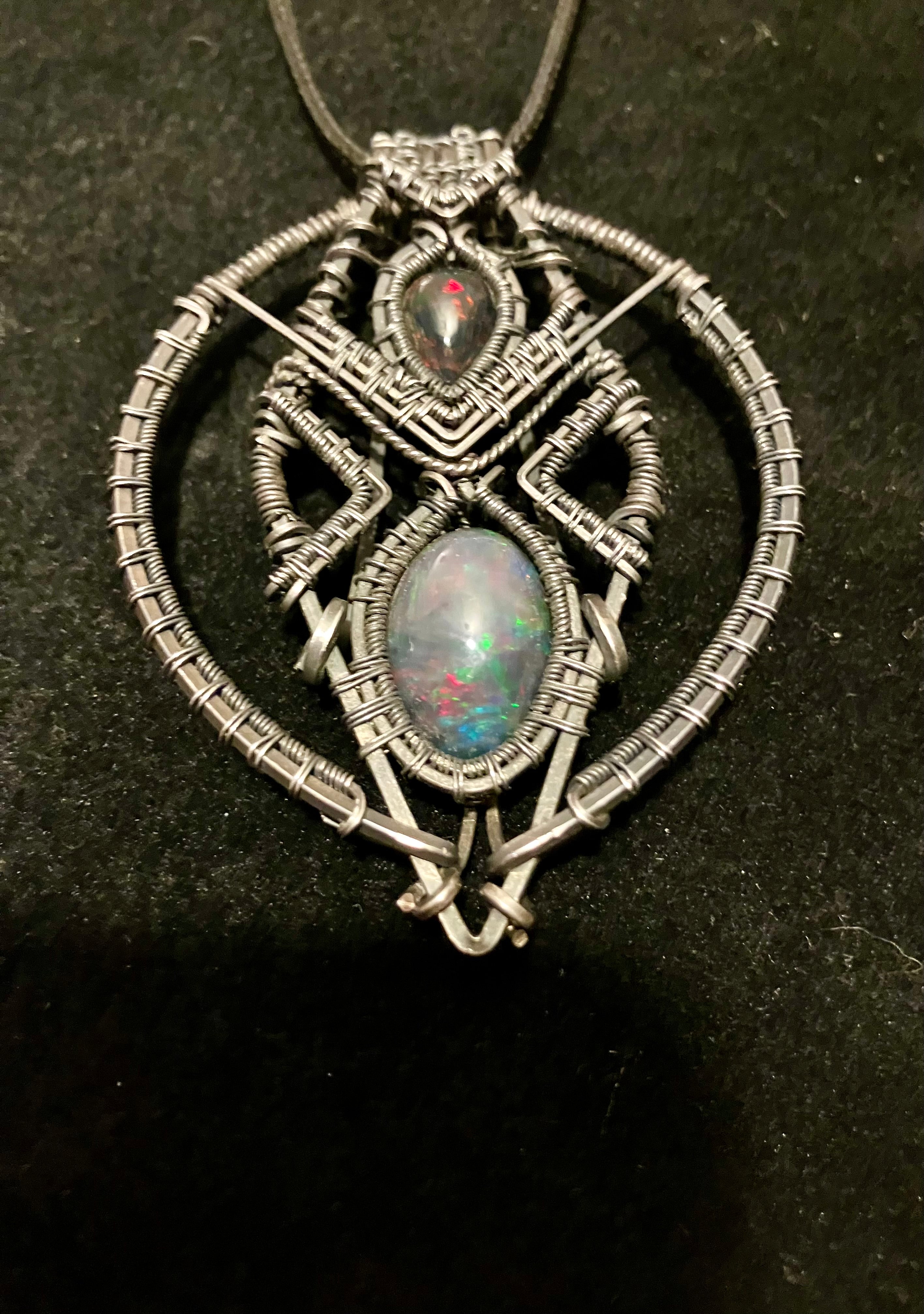 12 carat Double Black Opal Wire Wrapped Amulet in Tarnished Sterling Silver