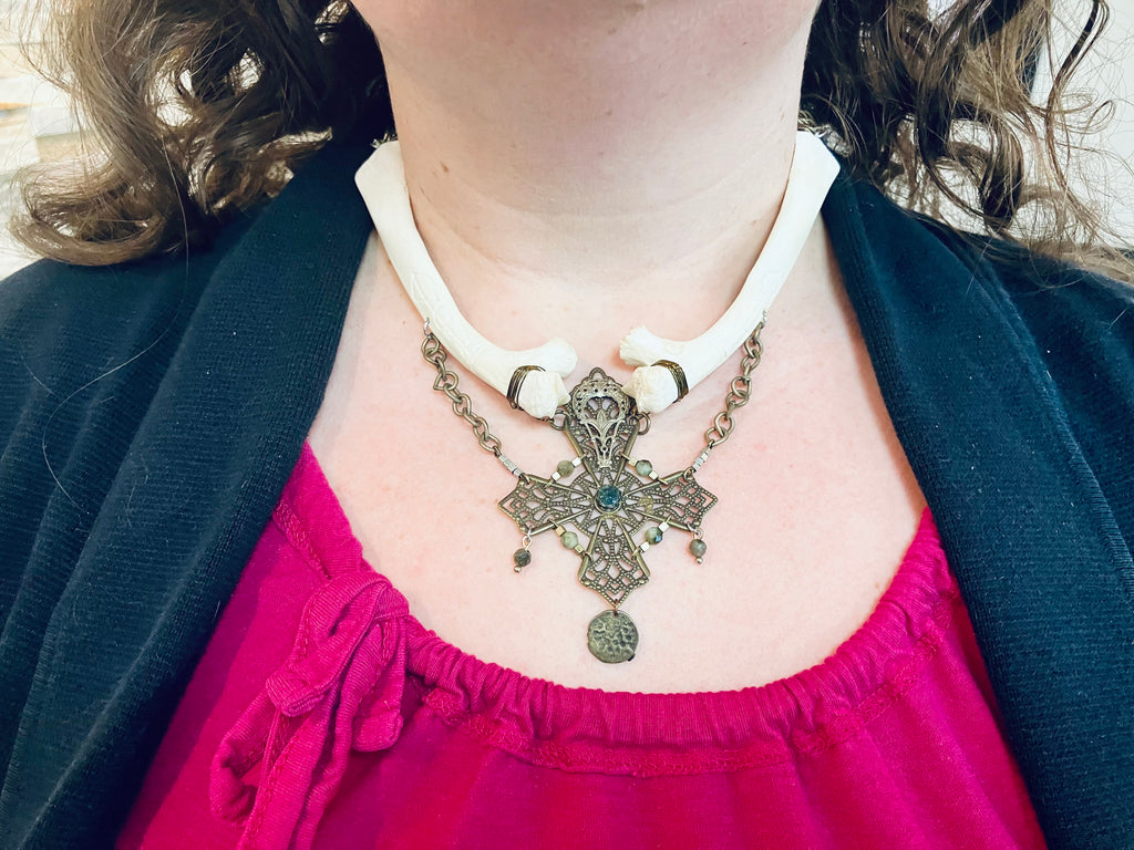 Ceremonial Deer Bone Amulet w/ Moss Agate, Green Kyanite & Carved Sigils for Earth Energy- Connect to Mother Gaia