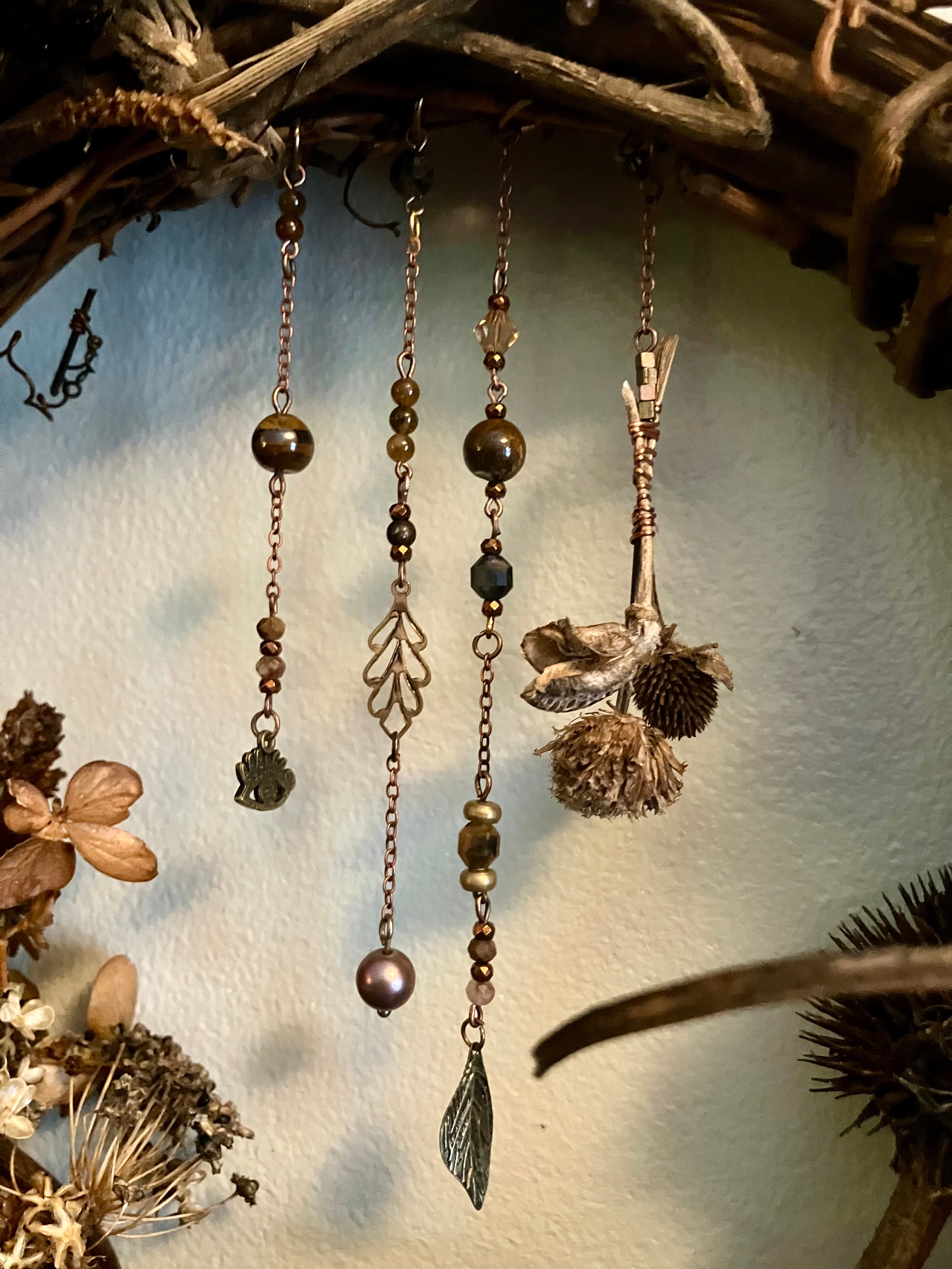 Foraged Flora, Fauna, Feather Crystal Charm 10” Wreath- Citrine, Pietersite, Tigers Eye- Abundance- Prosperity- High Vibrational